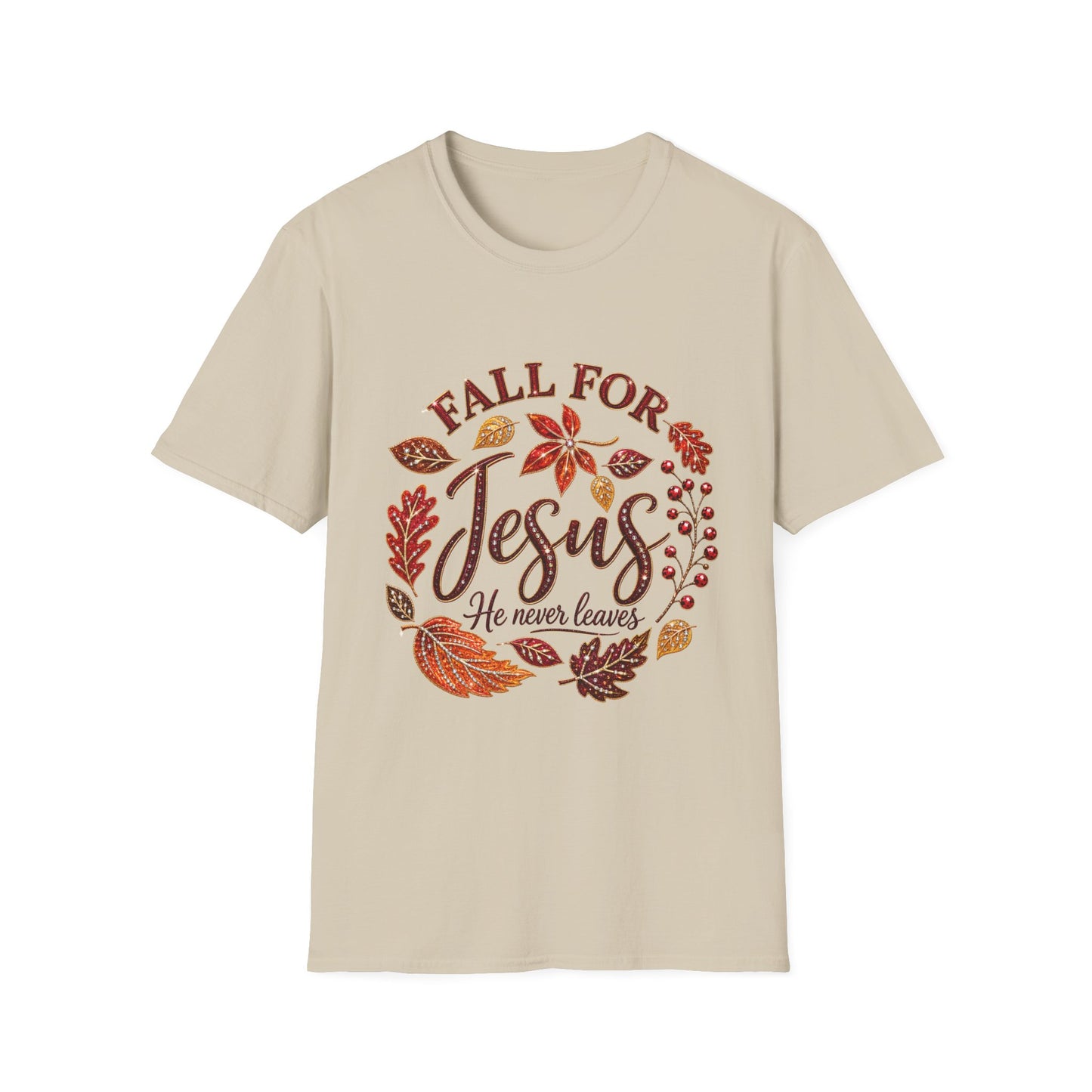 Fall For Jesus T-Shirt – Autumn Leaves Christian Tee (He Never Leaves)