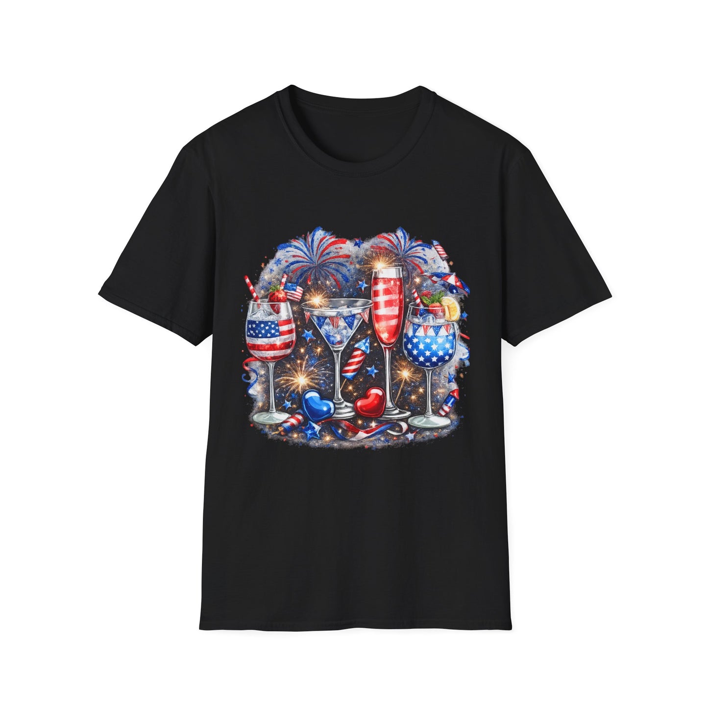 4th of July Wine Glasses T-Shirt — Patriotic Red White Blue Celebration Tee