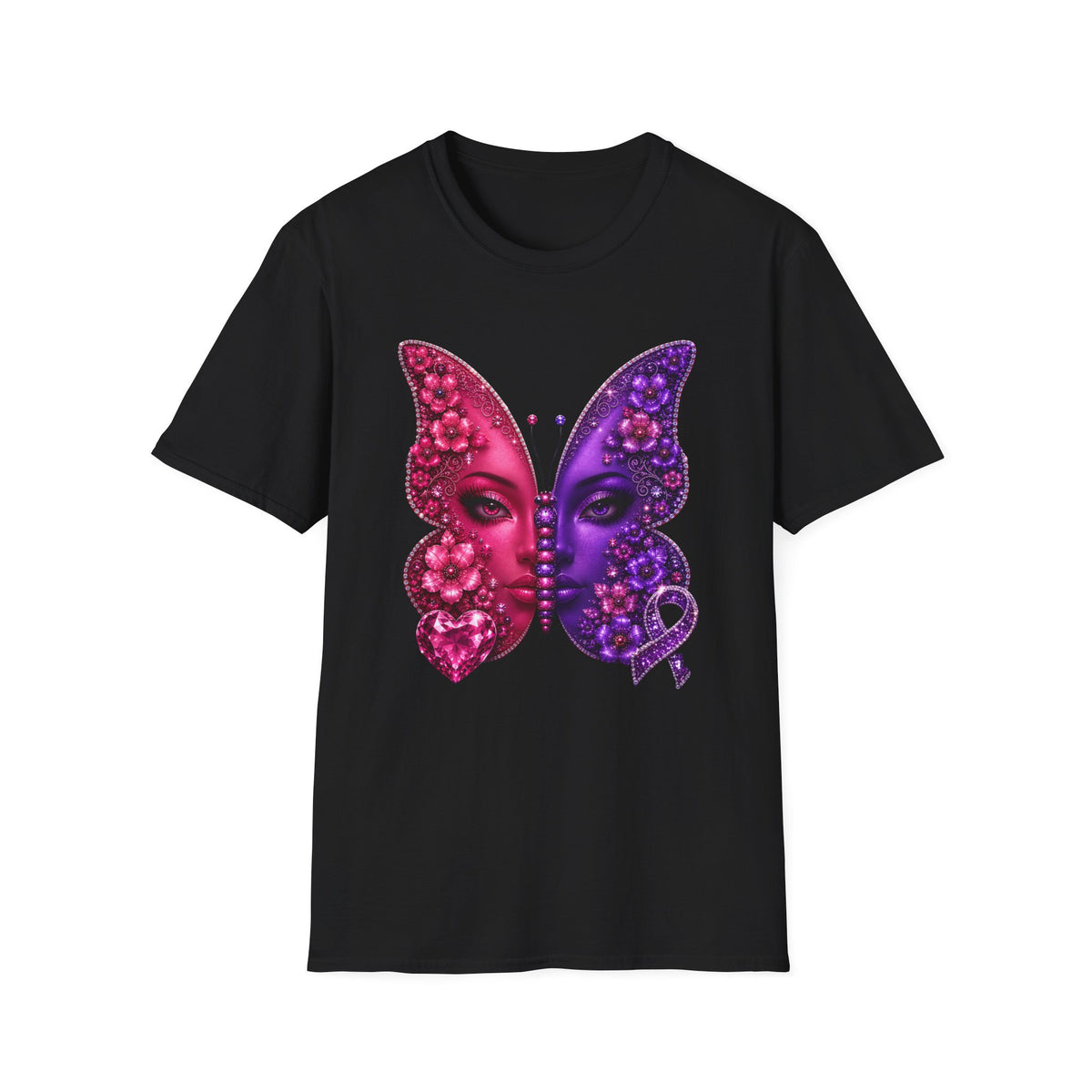 Butterfly Face T-Shirt — Purple Pink Floral Dual-Face Graphic Tee