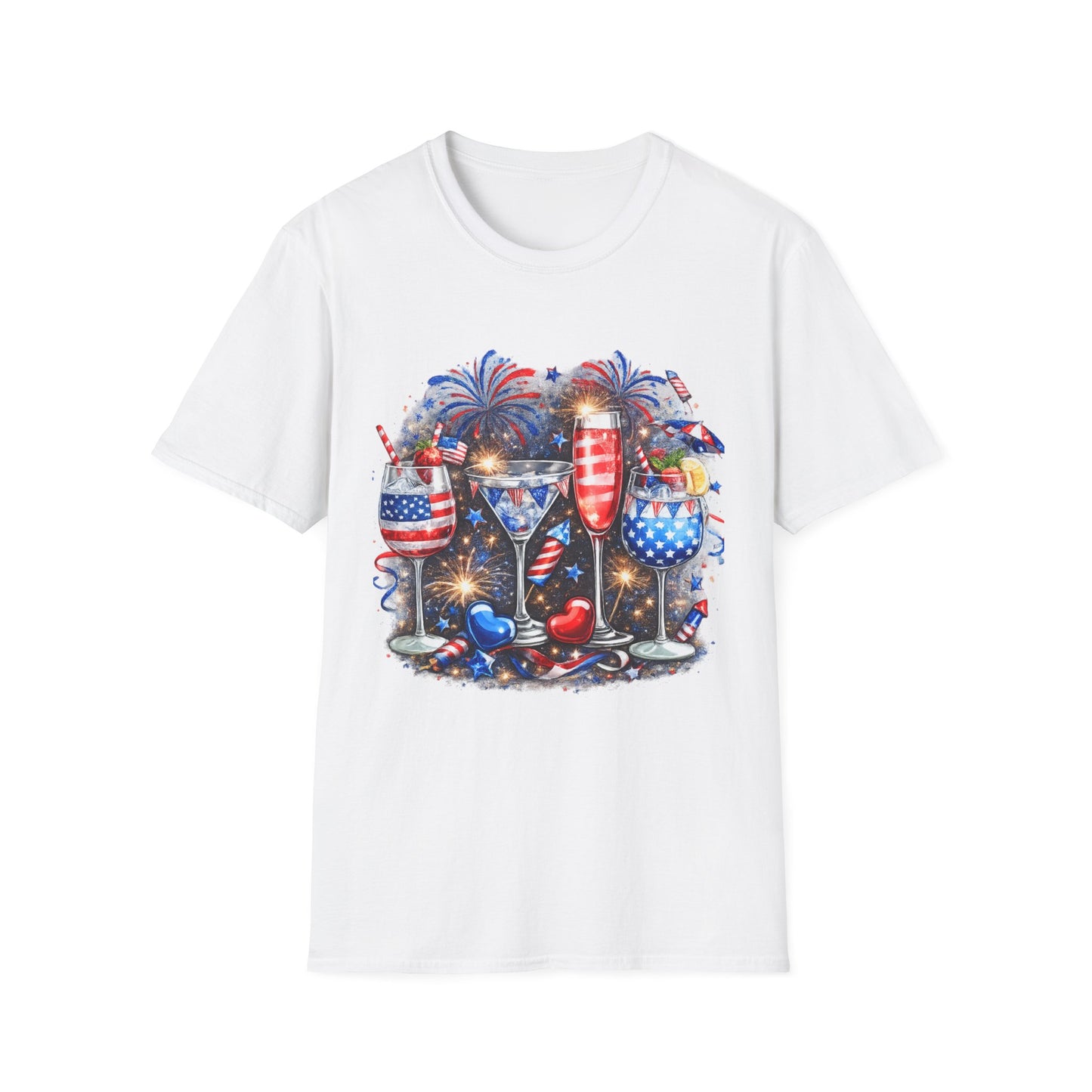 4th of July Wine Glasses T-Shirt — Patriotic Red White Blue Celebration Tee