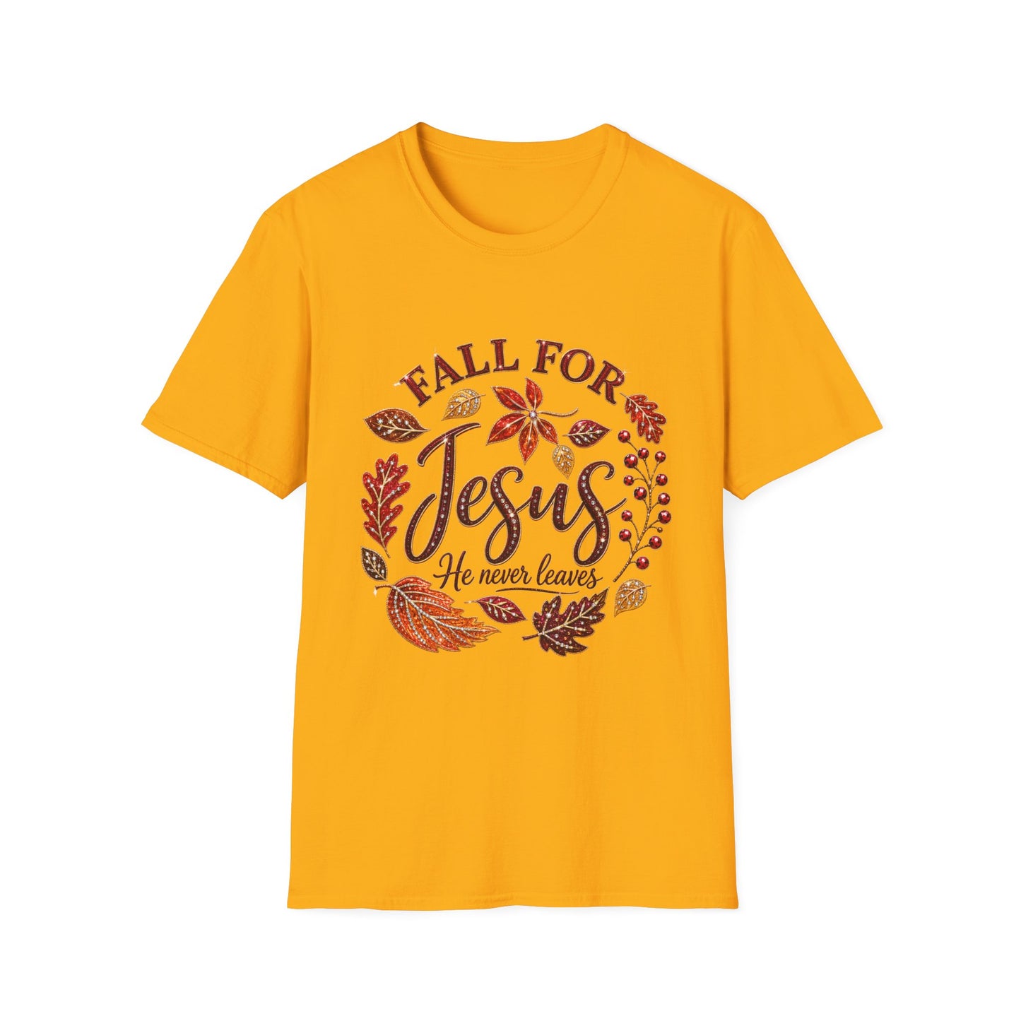 Fall For Jesus T-Shirt – Autumn Leaves Christian Tee (He Never Leaves)