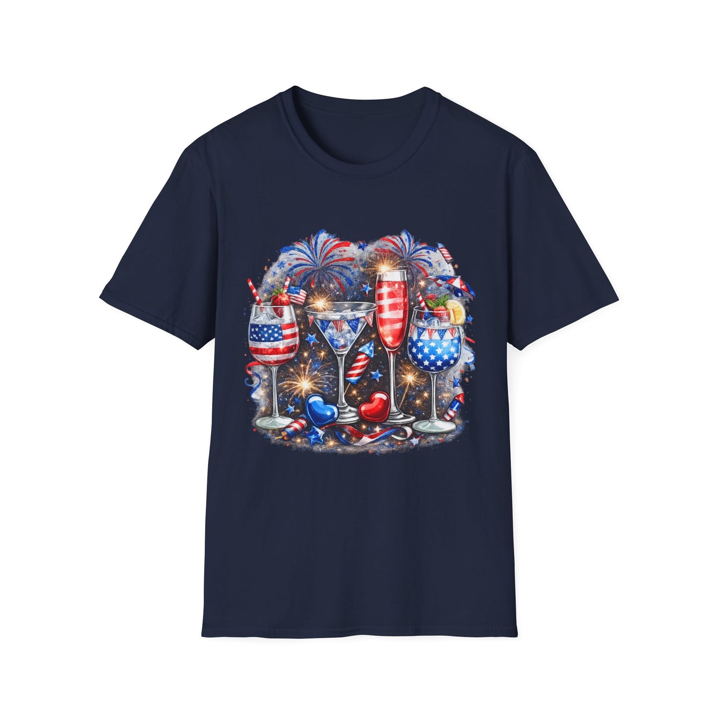 4th of July Wine Glasses T-Shirt — Patriotic Red White Blue Celebration Tee