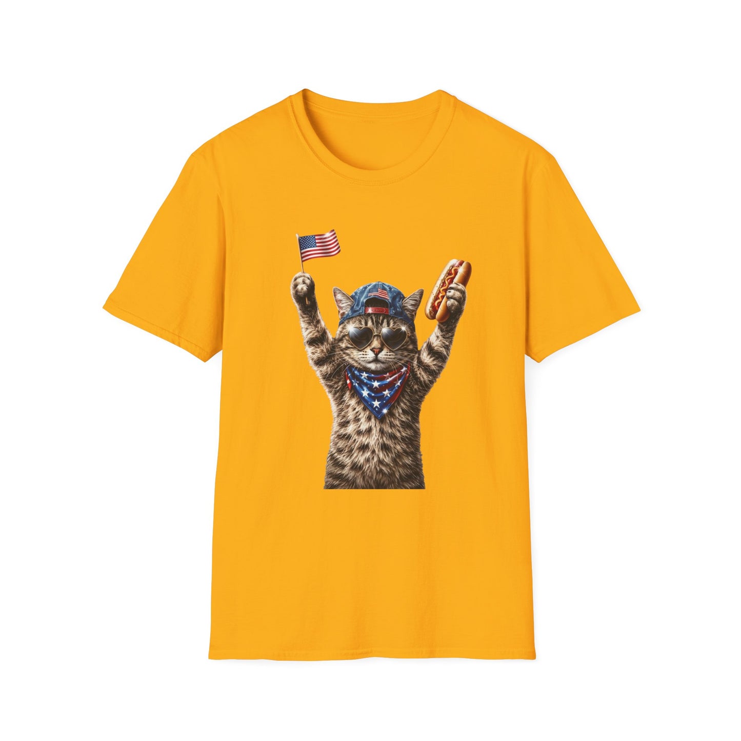 Patriotic Cat T-Shirt — Cat Waving Flag & Hot Dog Graphic