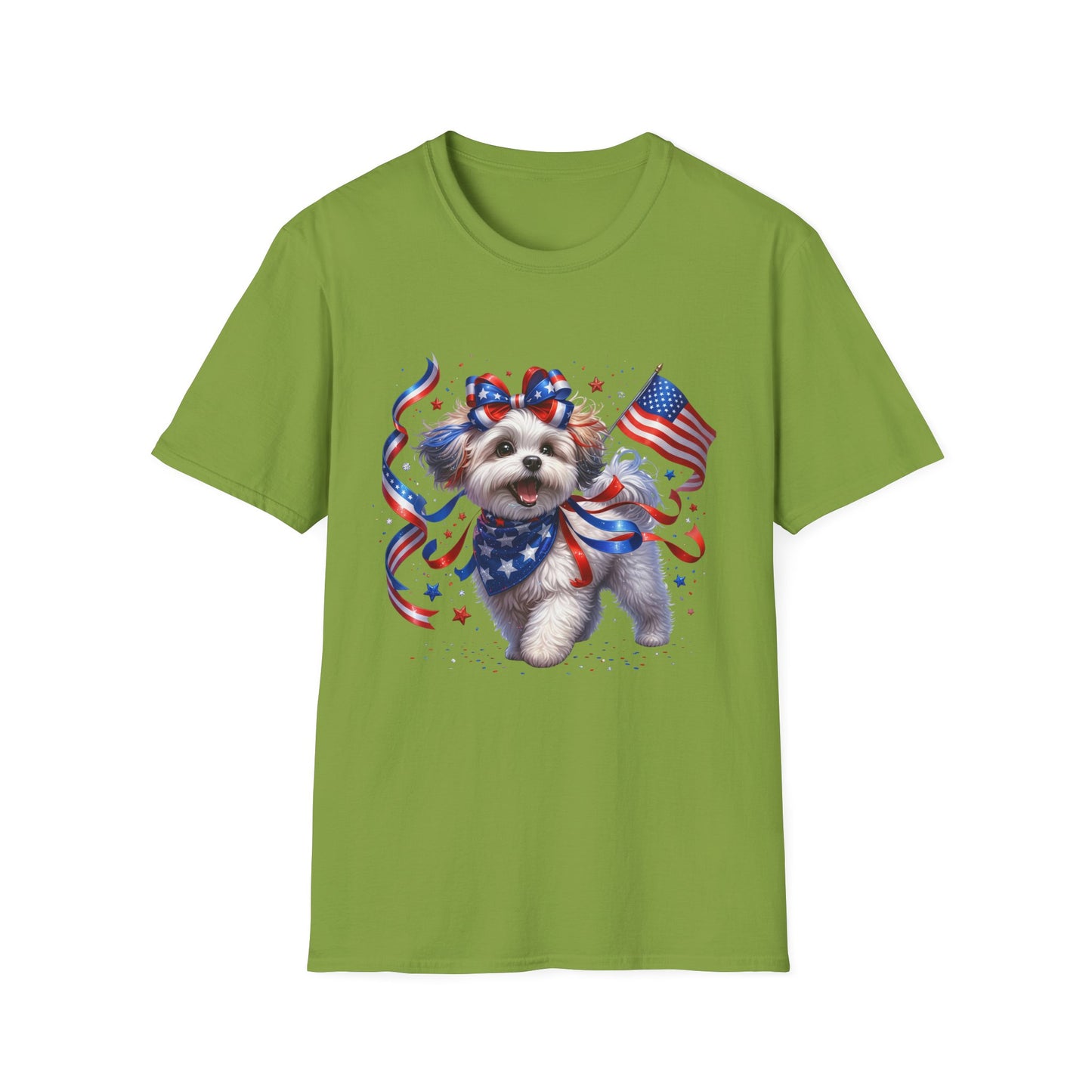 Patriotic Puppy T-Shirt – American Flag Dog with Ribbon Bow (Fourth of July Tee)