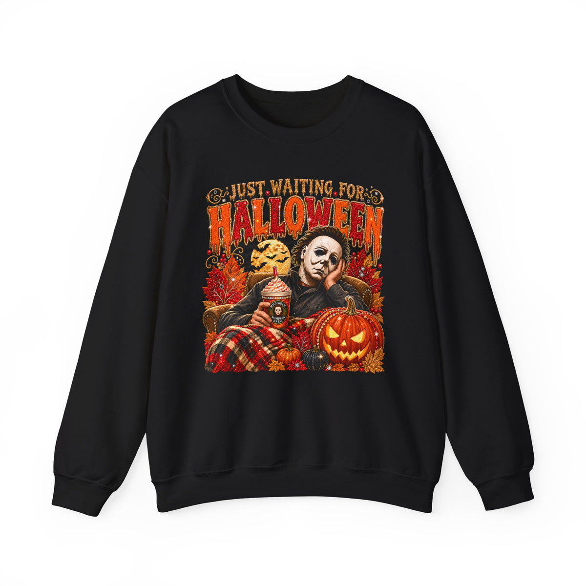 Halloween Crewneck Sweatshirt — "Just Waiting for Halloween" Horror Movie Pumpkin Design