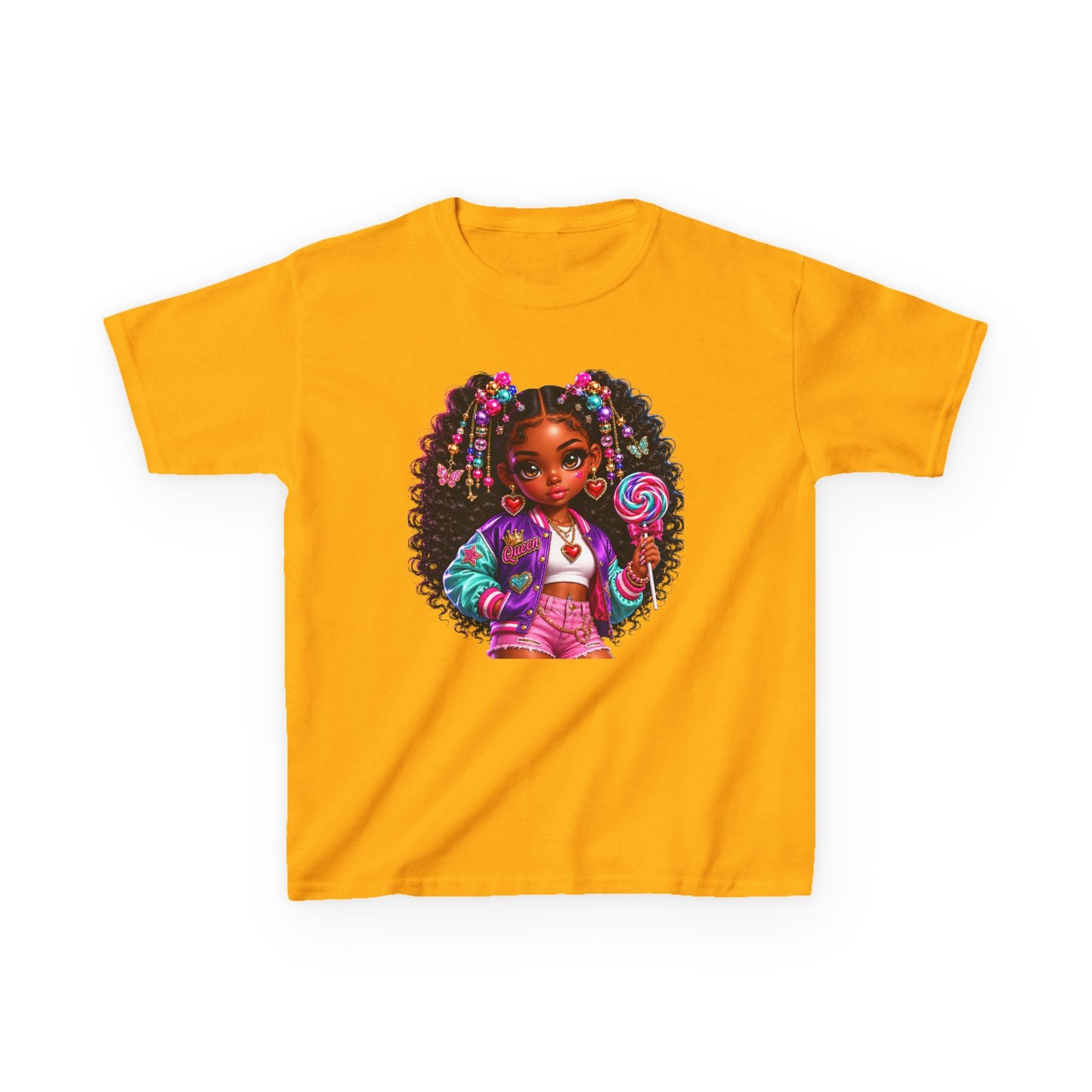 Girls' Candy Pop Graphic Tee — Cute Curly-Haired Doll with Lollipop