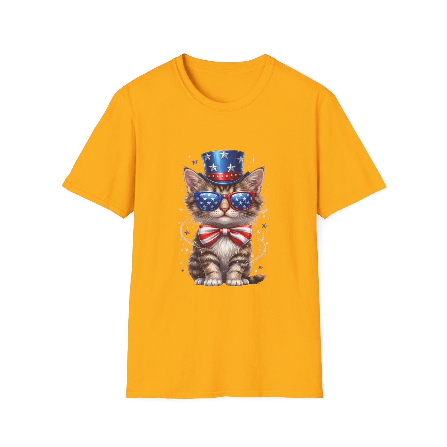 Patriotic Cat T-Shirt — USA Flag Top Hat & Sunglasses 4th of July Tee