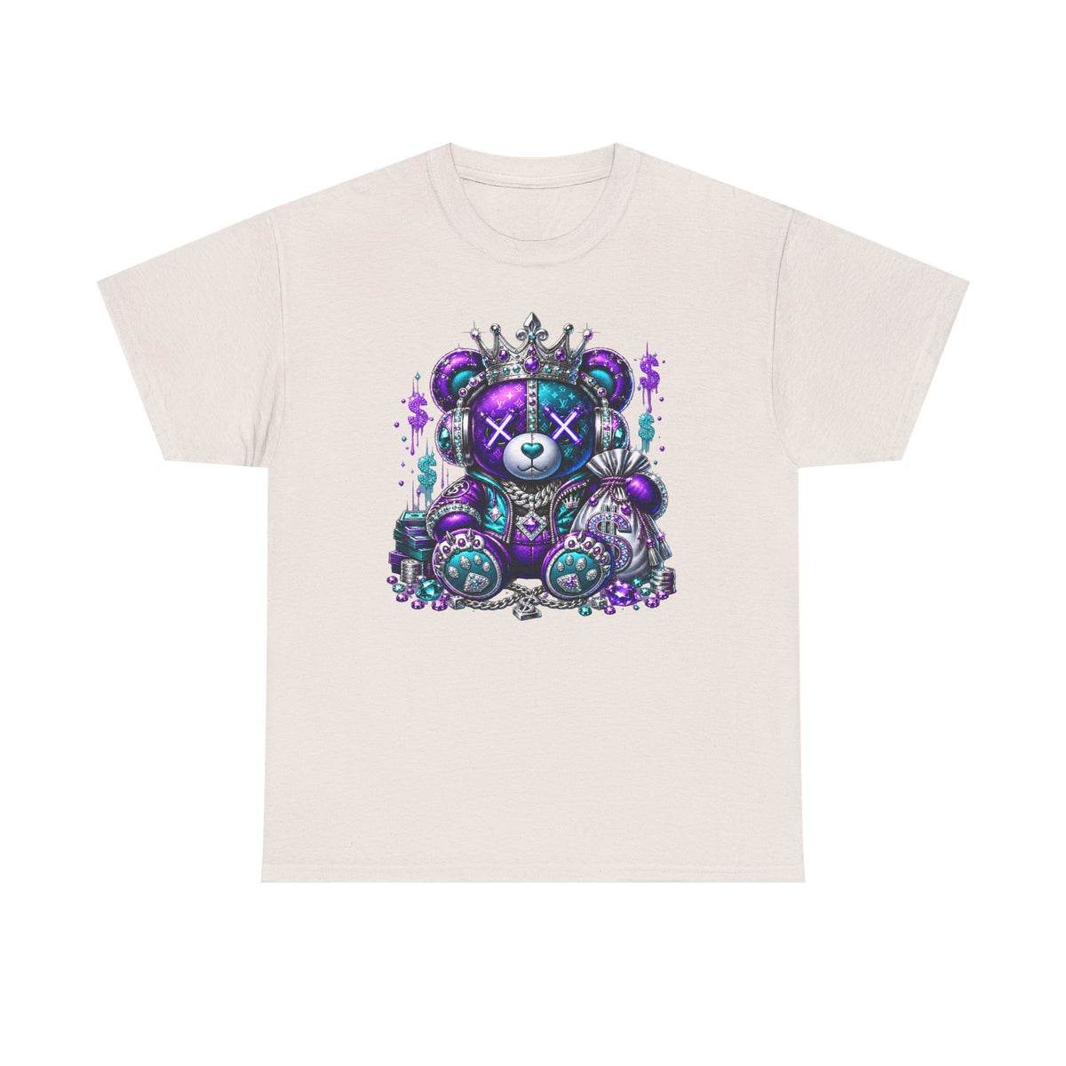 Voodoo Crown Teddy Graphic Tee — Neon Purple Streetwear Bear Shirt