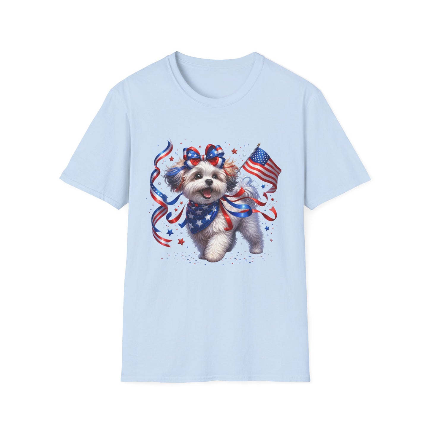 Patriotic Puppy T-Shirt – American Flag Dog with Ribbon Bow (Fourth of July Tee)