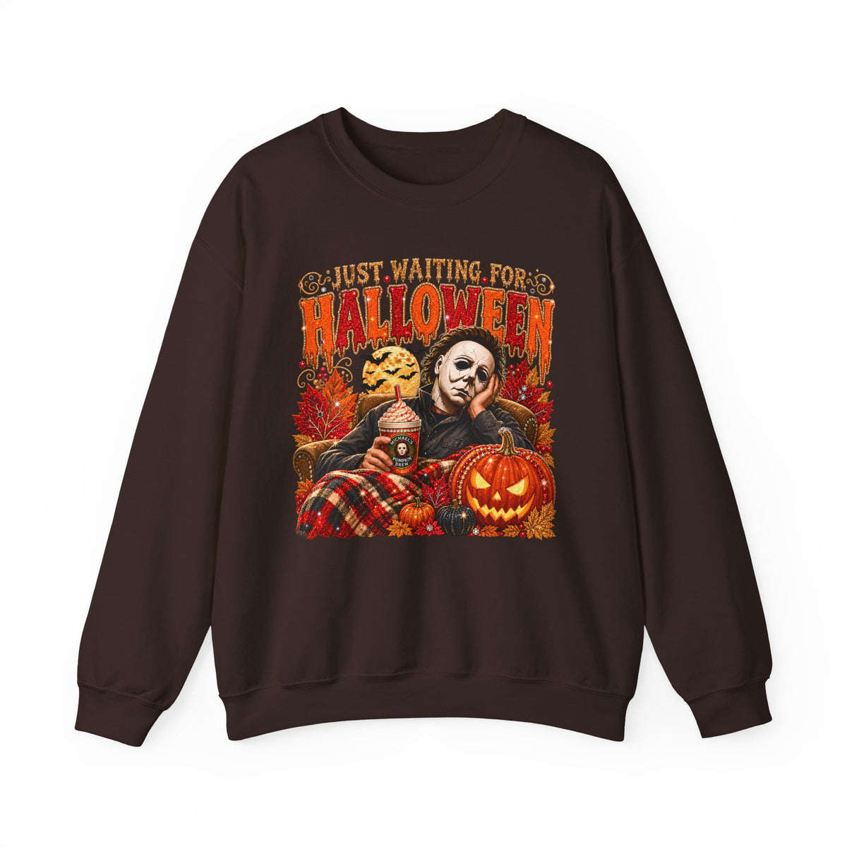 Halloween Crewneck Sweatshirt — "Just Waiting for Halloween" Horror Movie Pumpkin Design