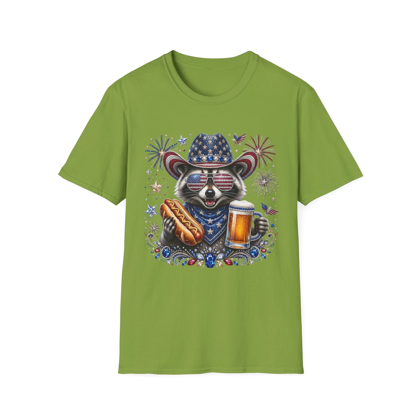 Raccoon Patriotic T-Shirt — USA Flag Hat & Sunglasses Fourth of July Tee