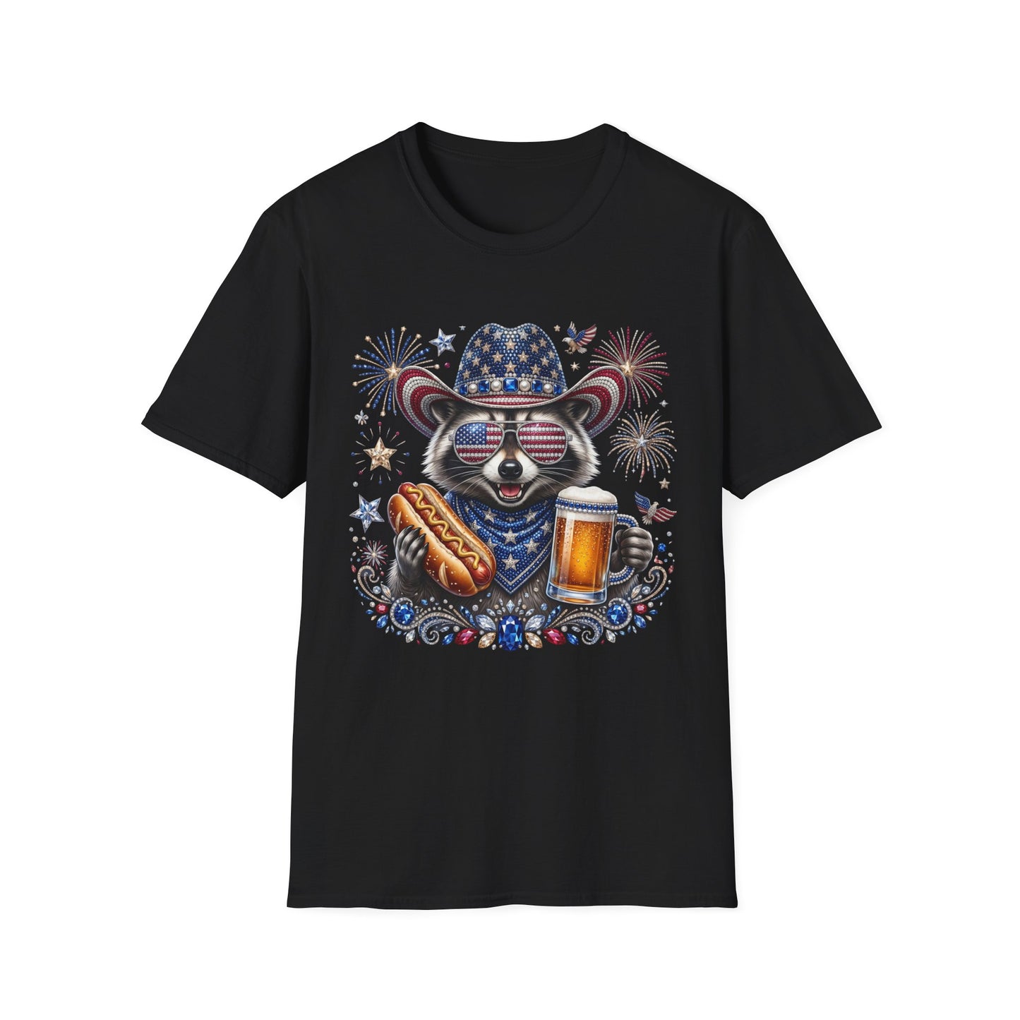 Raccoon Patriotic T-Shirt — USA Flag Hat & Sunglasses Fourth of July Tee