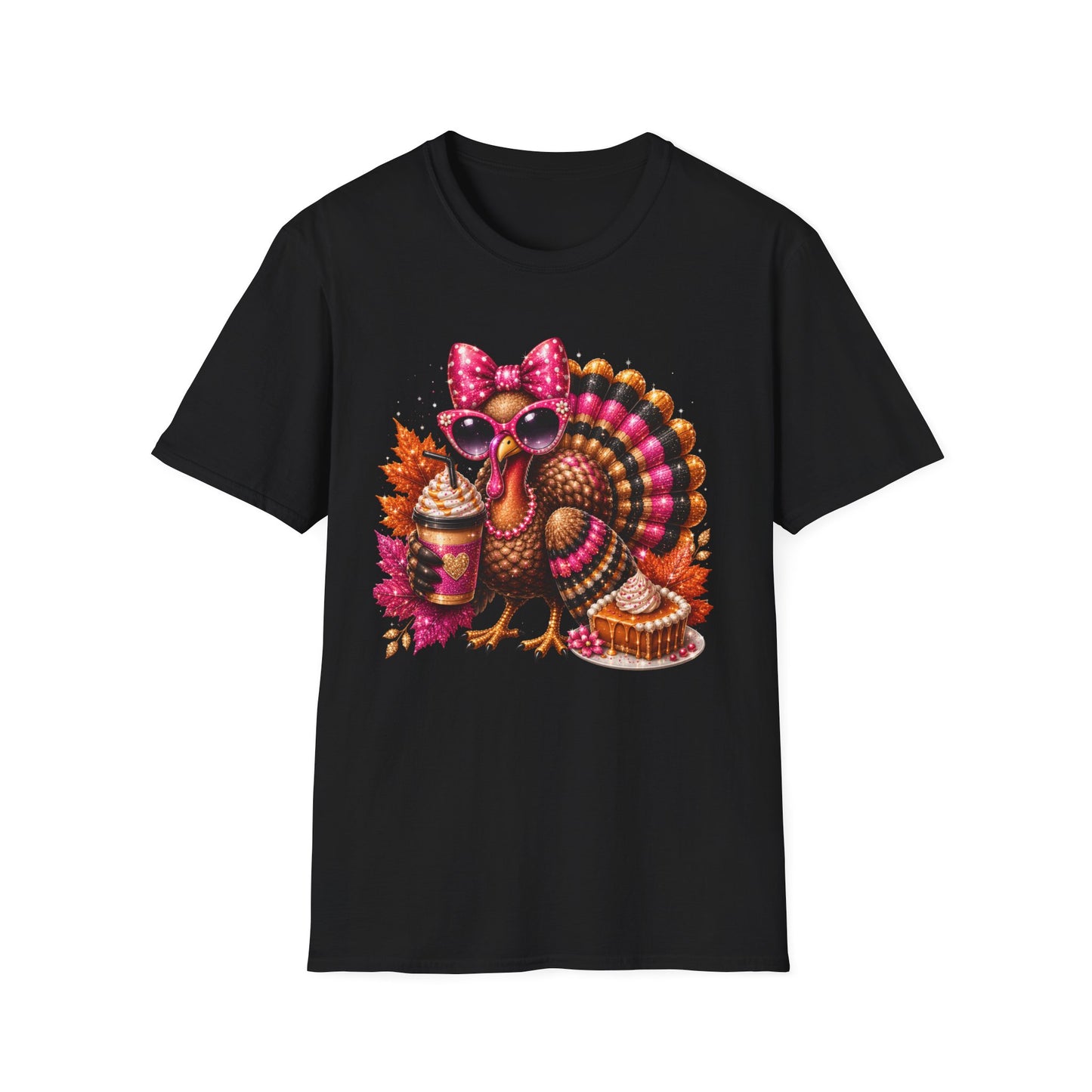 Cute Thanksgiving Turkey T-Shirt — Pink Bow, Sunglasses & Pumpkin Spice Design