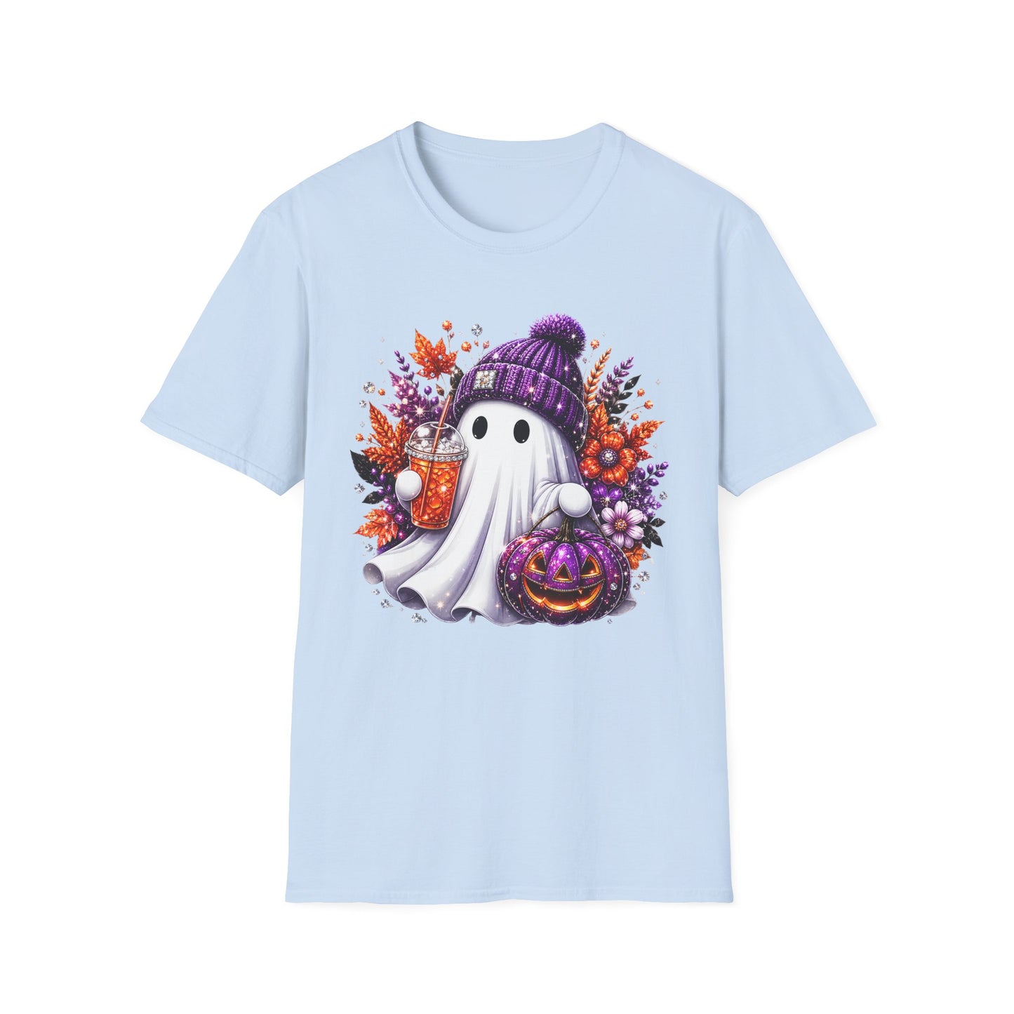 Ghost with Beanie Halloween T-Shirt – Cute Cozy Ghost Holding Pumpkin & Drink