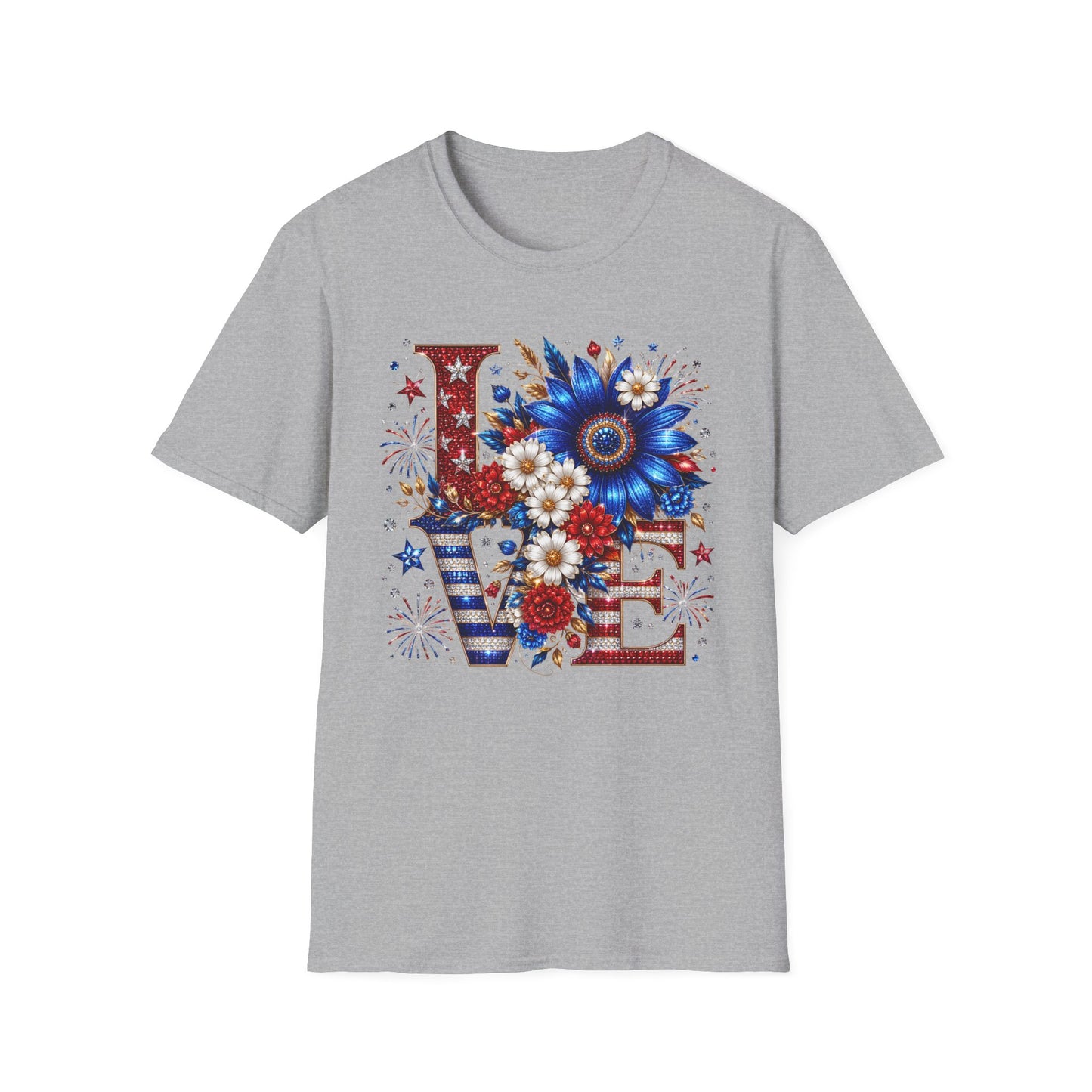 Patriotic 'LOVE' Floral T-Shirt — Red, White & Blue Sunflower Design