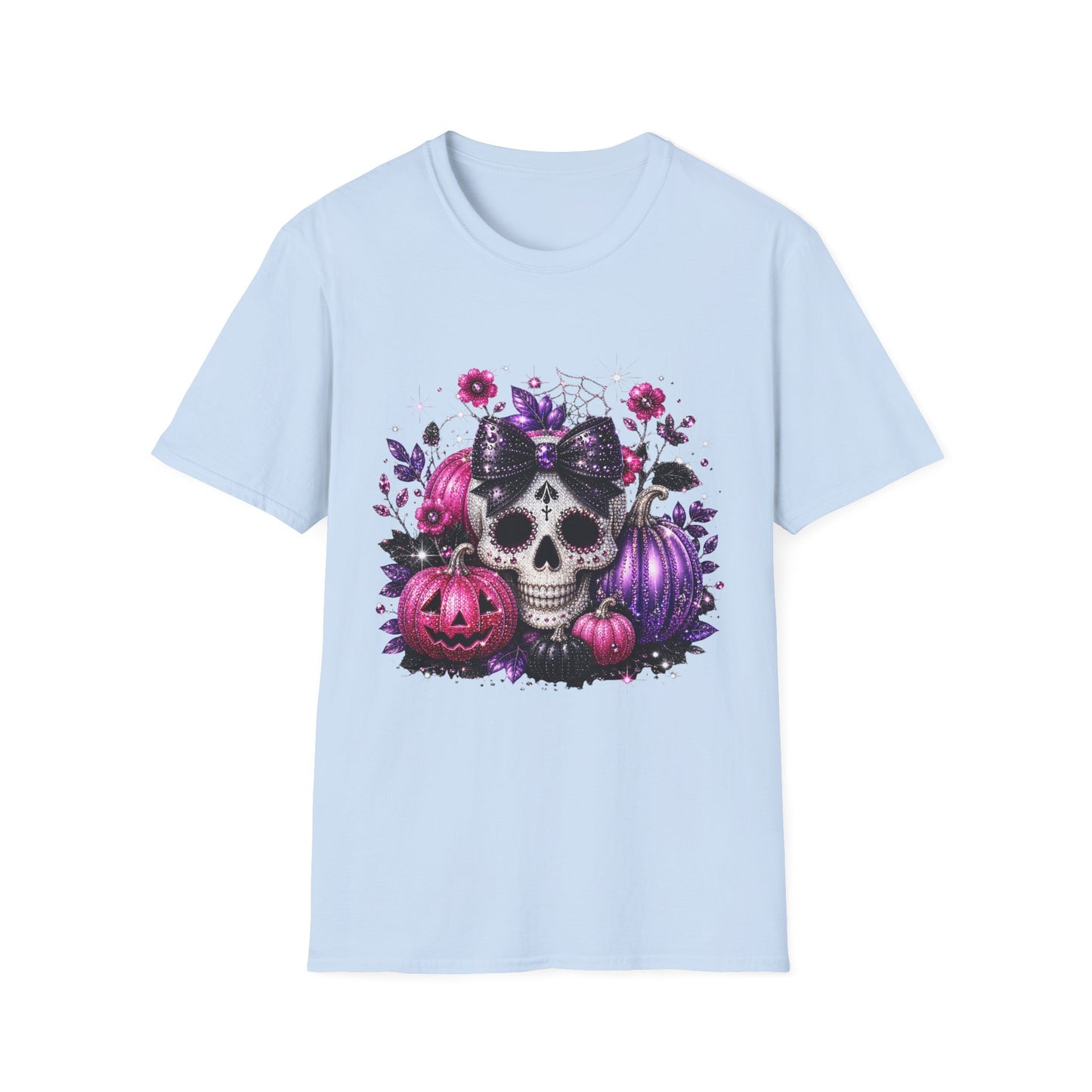 Sugar Skull Halloween T-Shirt — Pink & Purple Floral Skull with Pumpkins