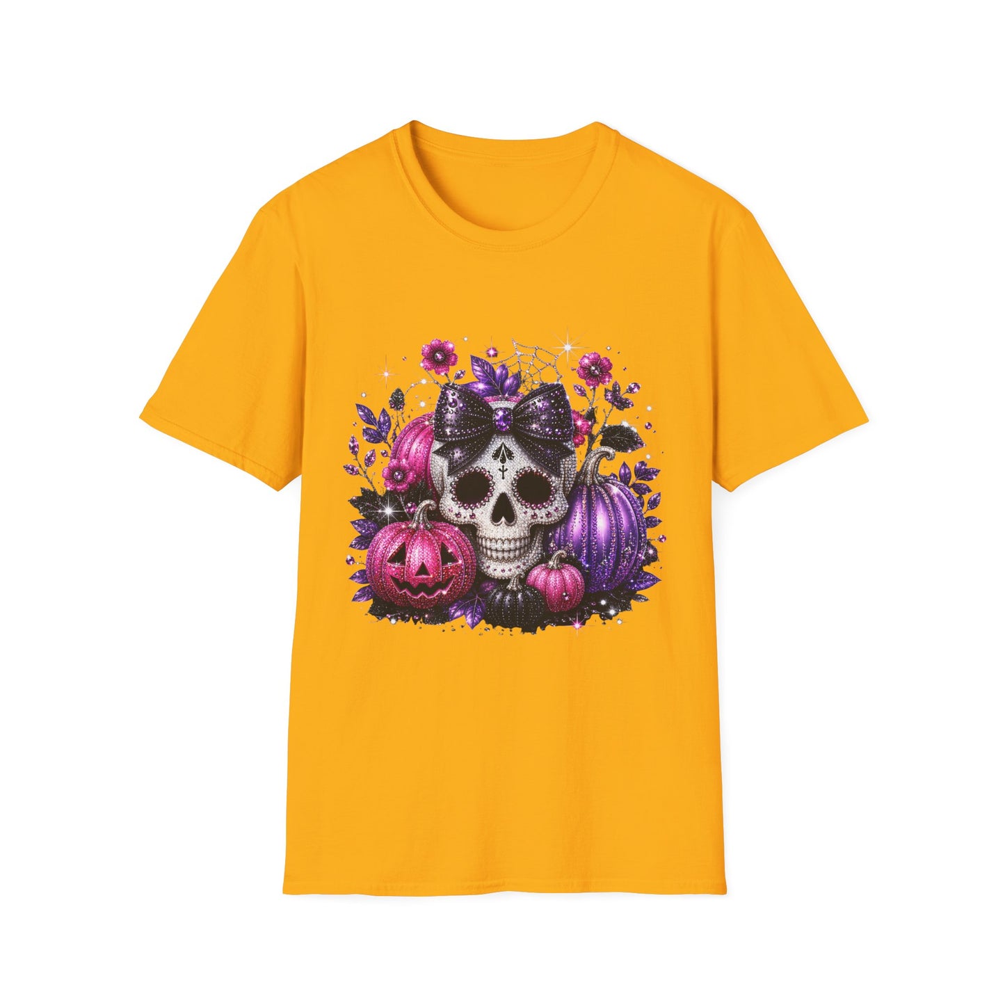 Sugar Skull Halloween T-Shirt — Pink & Purple Floral Skull with Pumpkins