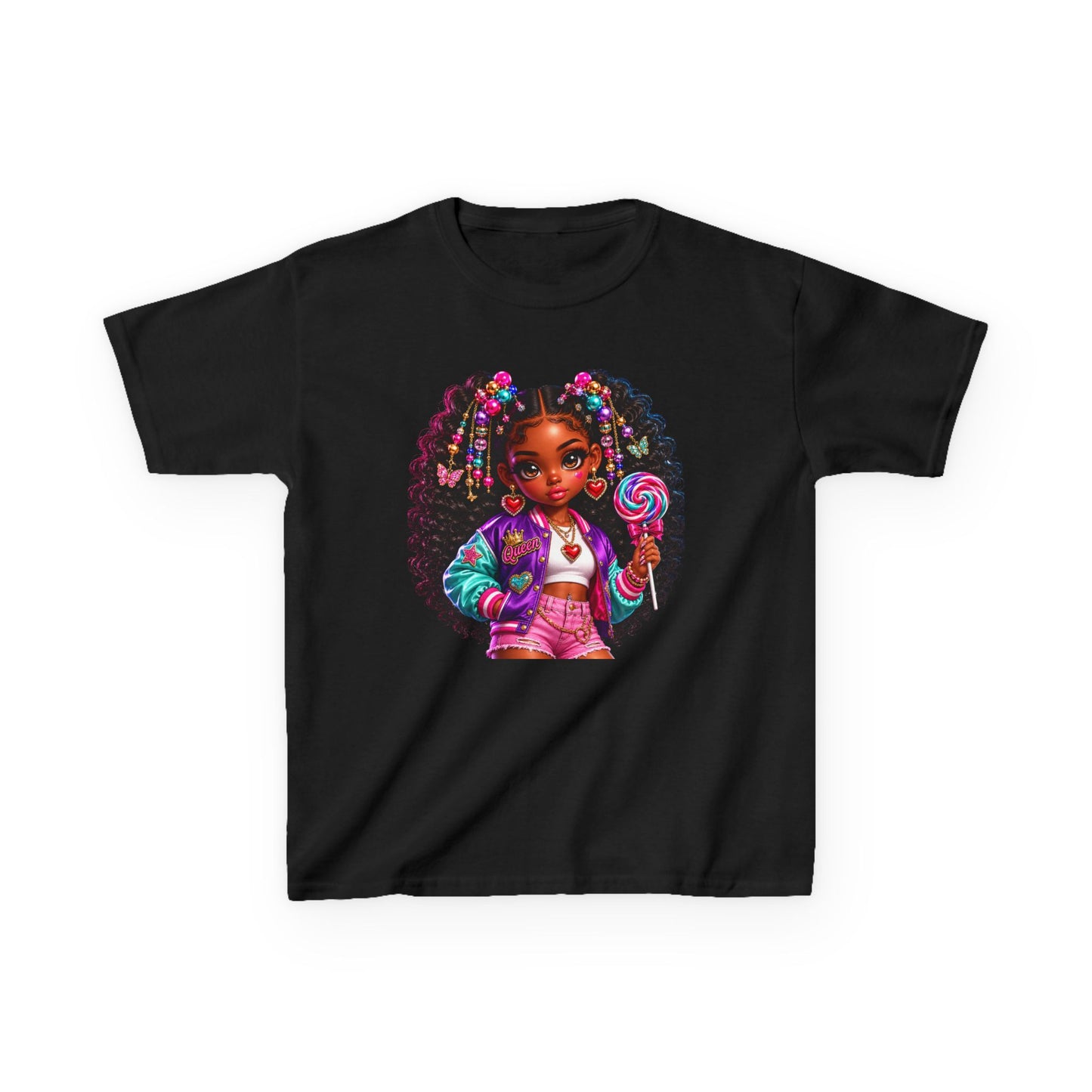 Girls' Candy Pop Graphic Tee — Cute Curly-Haired Doll with Lollipop