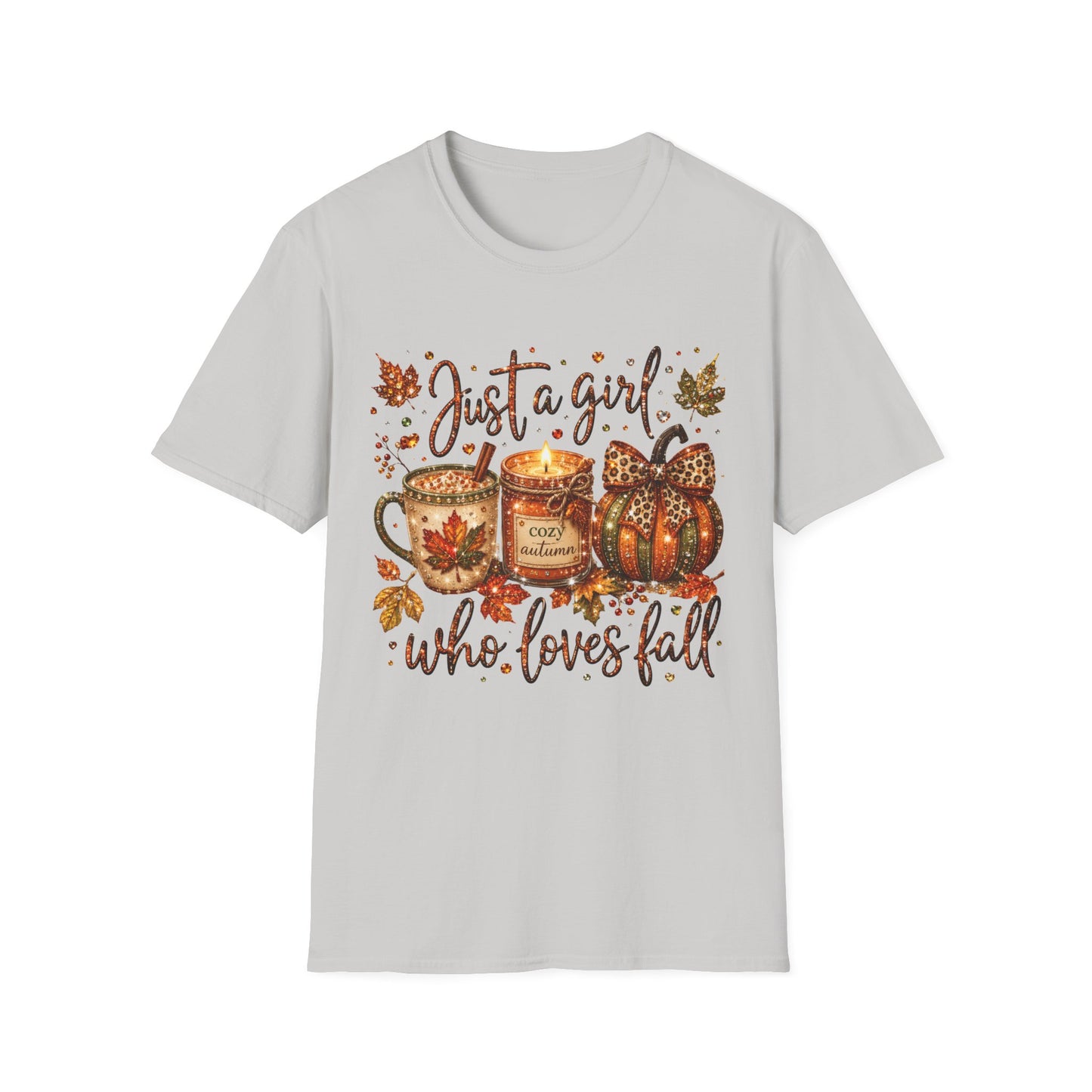 Just a Girl Who Loves Fall T-Shirt — Autumn Pumpkin & Cozy Mug Tee