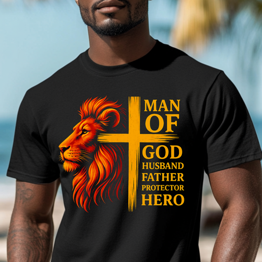 Faithful Warrior – Husband, Father, Hero Shirt Inspirational Lion Graphic T-Shirt - Man of God, Husband, Father, Hero