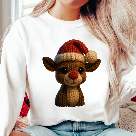 Christmas Reindeer Crewneck Sweatshirt – Cute Santa Hat Rudolph Holiday Sweatshirt