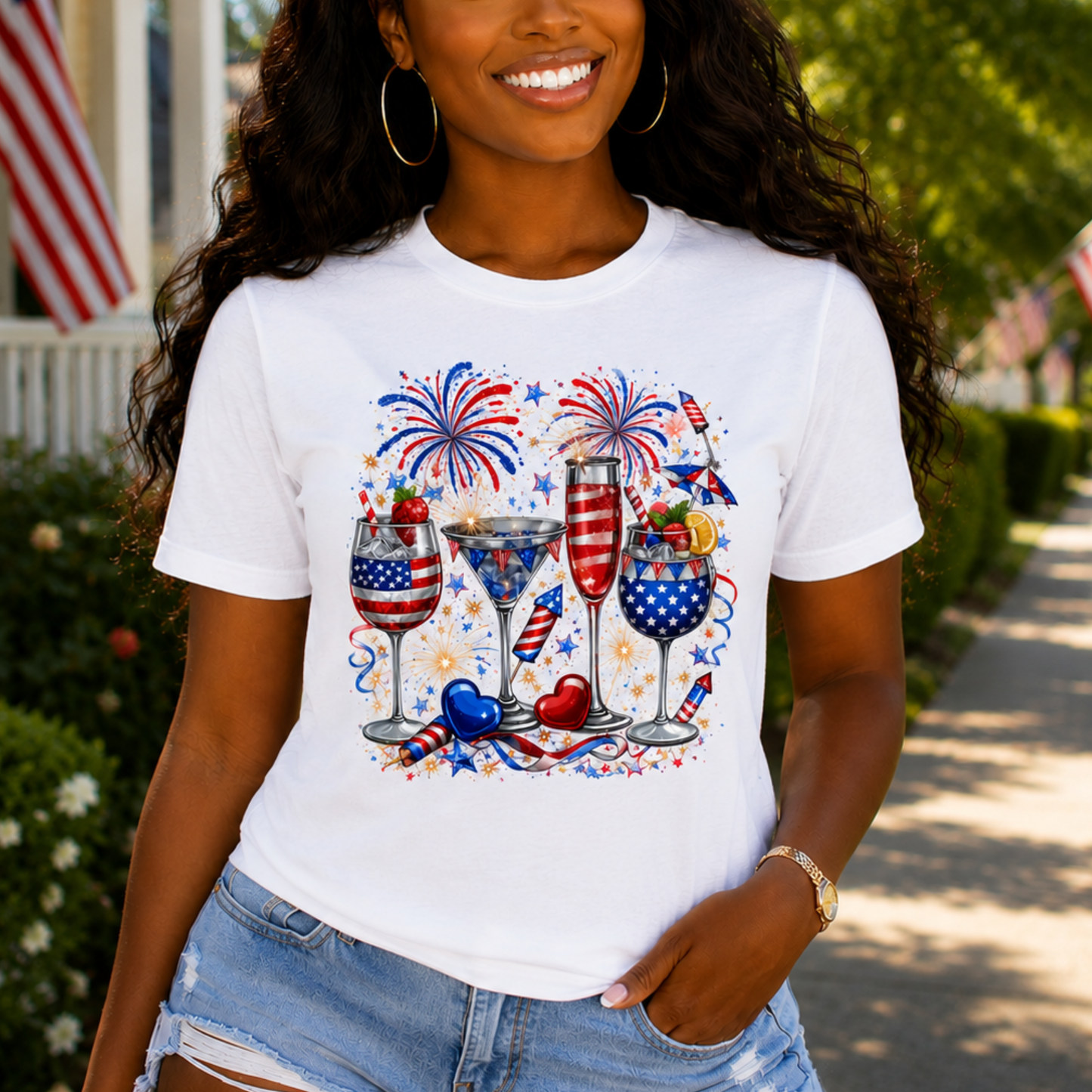 4th of July Wine Glasses T-Shirt — Patriotic Red White Blue Celebration Tee