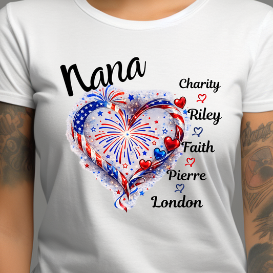 Patriotic Nana Heart Shirt – Custom Family Names Fourth of July Tee