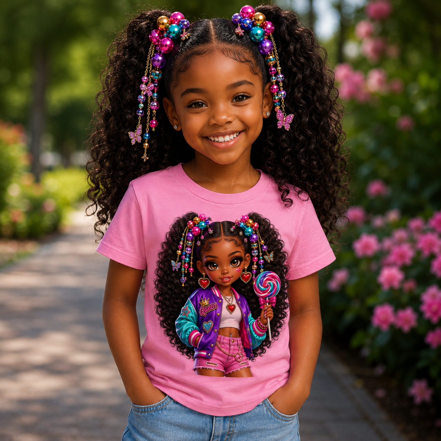 Girls' Candy Pop Graphic Tee — Cute Curly-Haired Doll with Lollipop