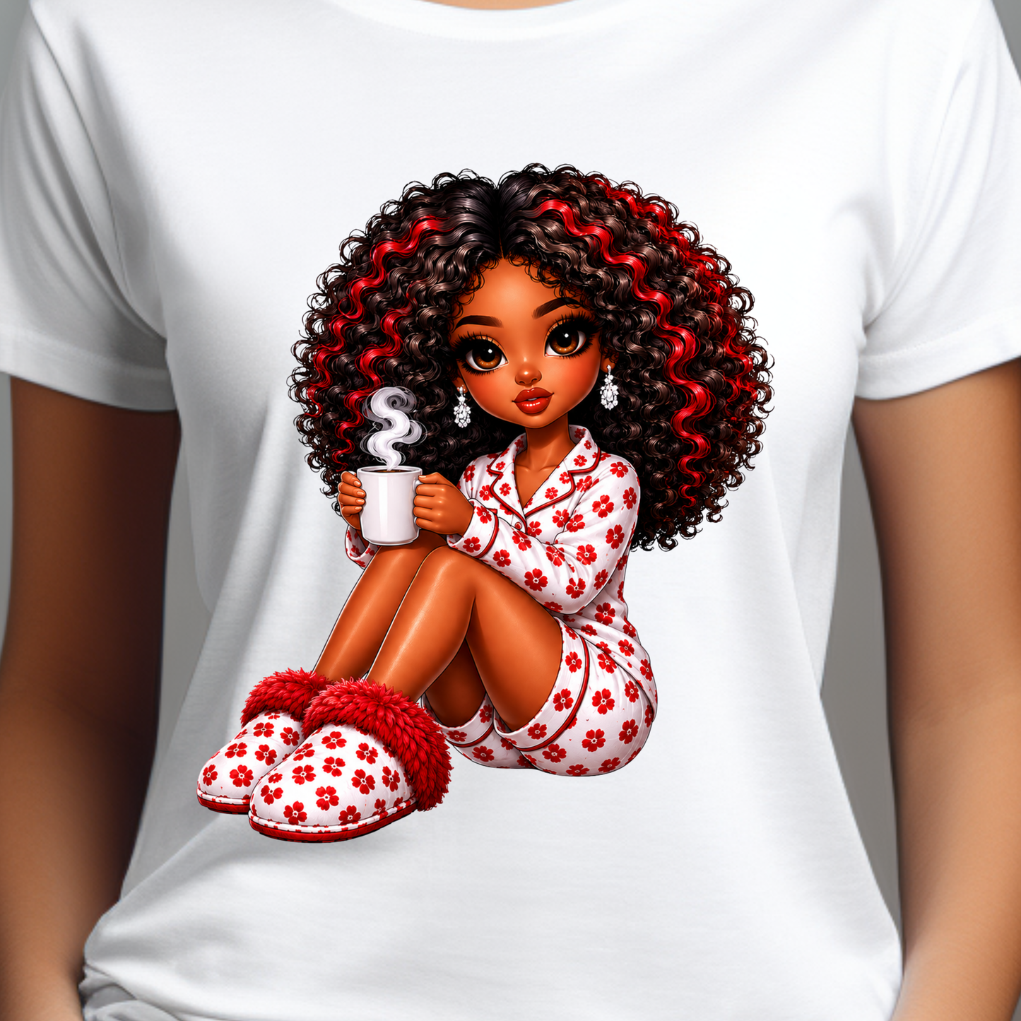 Pretty Melanin Princess Pajama Graphic Tee — Cute Coffee & Slippers Graphic T-Shirt