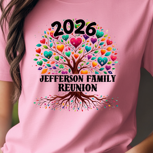 2026 Family Reunion T-Shirt — Colorful Heart Tree Personalized Tee