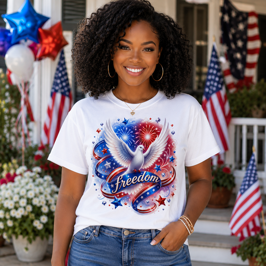 Freedom Dove T-Shirt — Patriotic American Flag Fireworks Tee