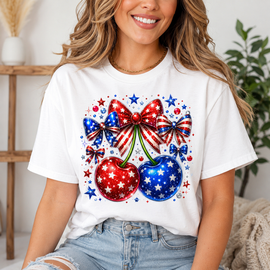 Patriotic Bow & Cherries T-Shirt — American Flag Stars Fourth of July Tee