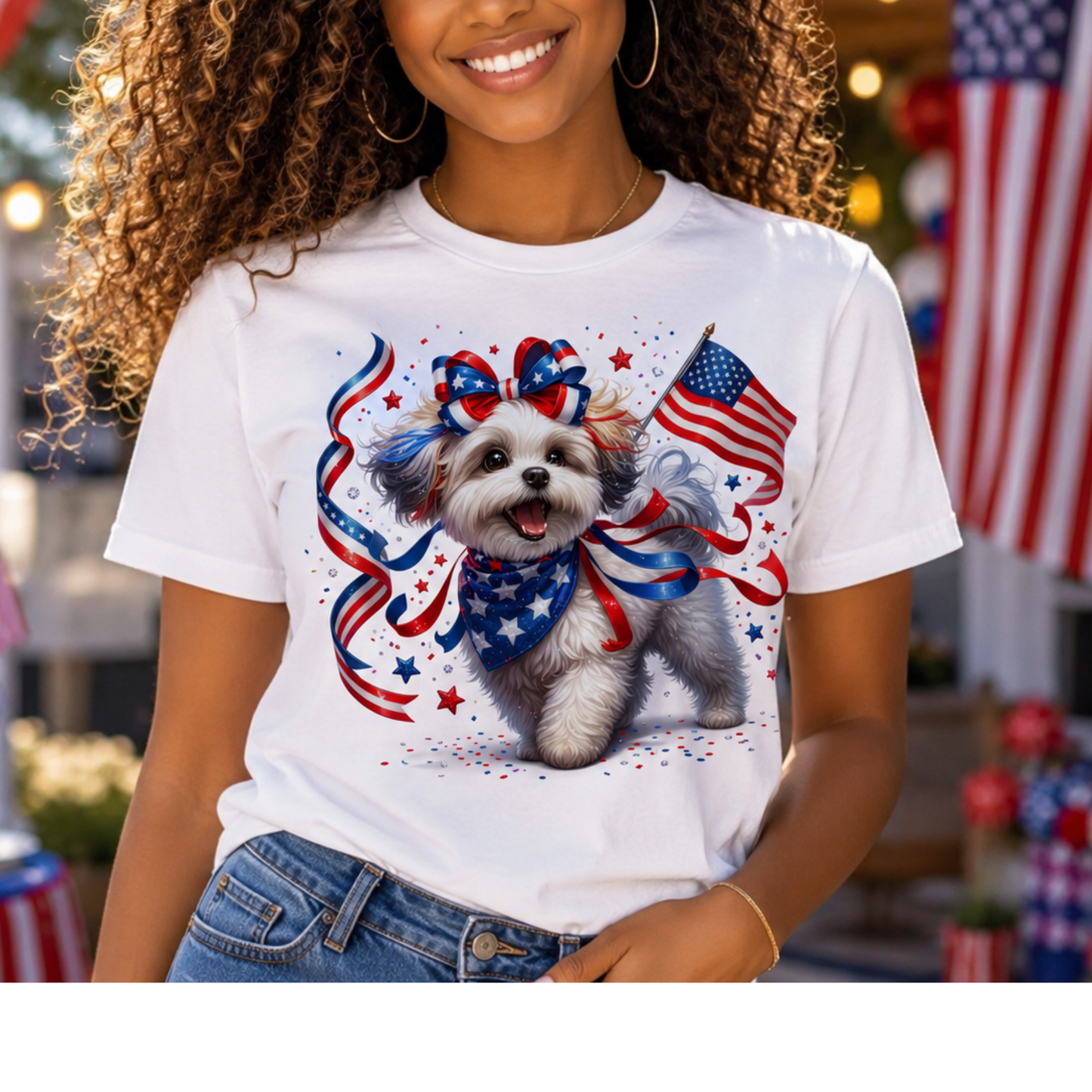 Patriotic Puppy T-Shirt – American Flag Dog with Ribbon Bow (Fourth of July Tee)