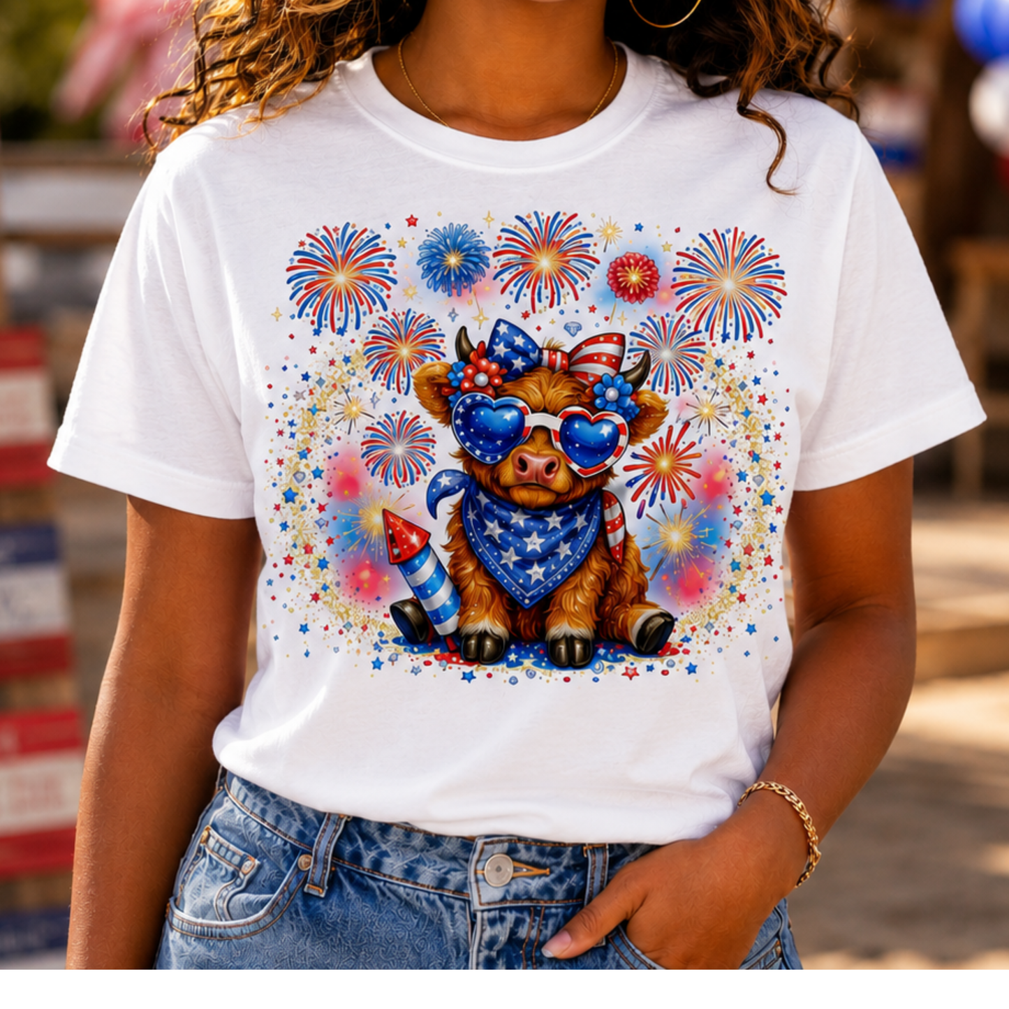 Cow Cute Fourth of July T-Shirt — Patriotic Cow with Stars, Bandana & Fireworks