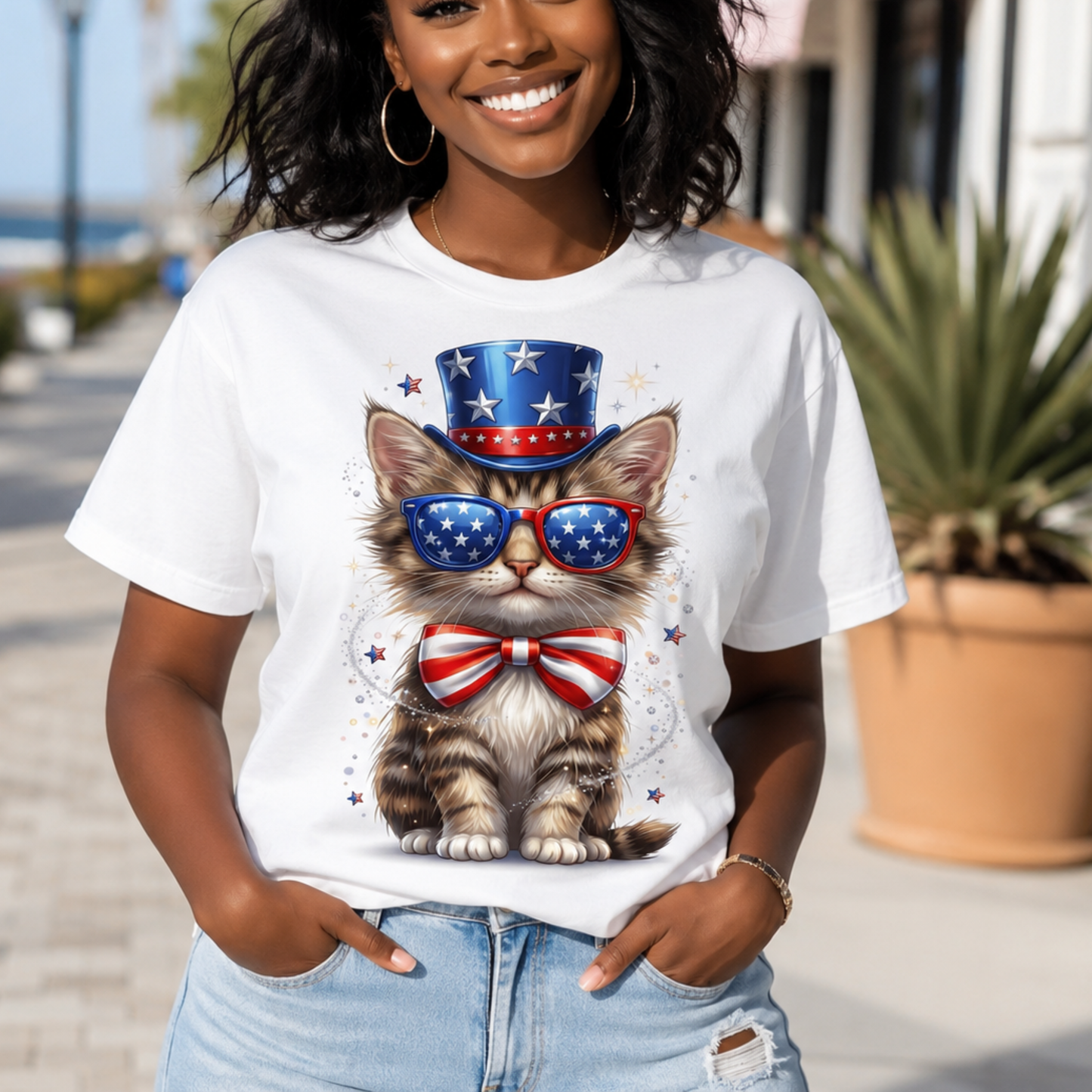 Patriotic Cat T-Shirt — USA Flag Top Hat & Sunglasses 4th of July Tee