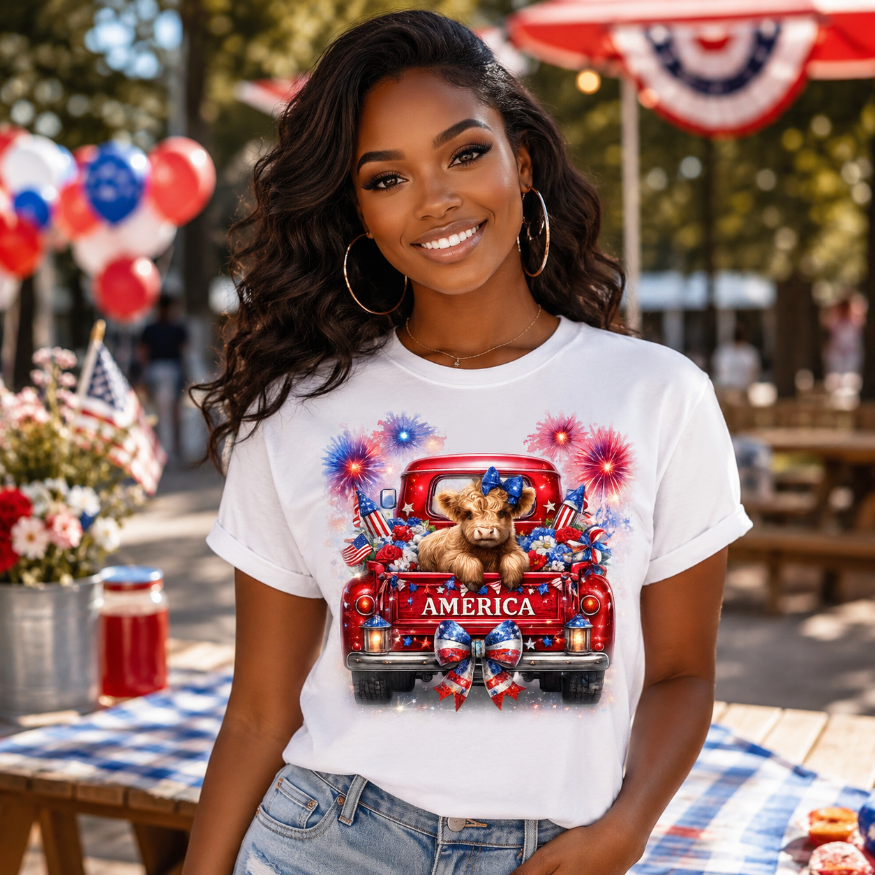 Fourth of July Highland Cow T-Shirt — Cute American Flag Truck Patriotic Tee