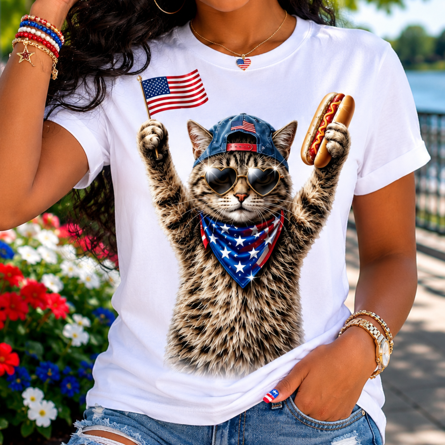 Patriotic Cat T-Shirt — Cat Waving Flag & Hot Dog Graphic