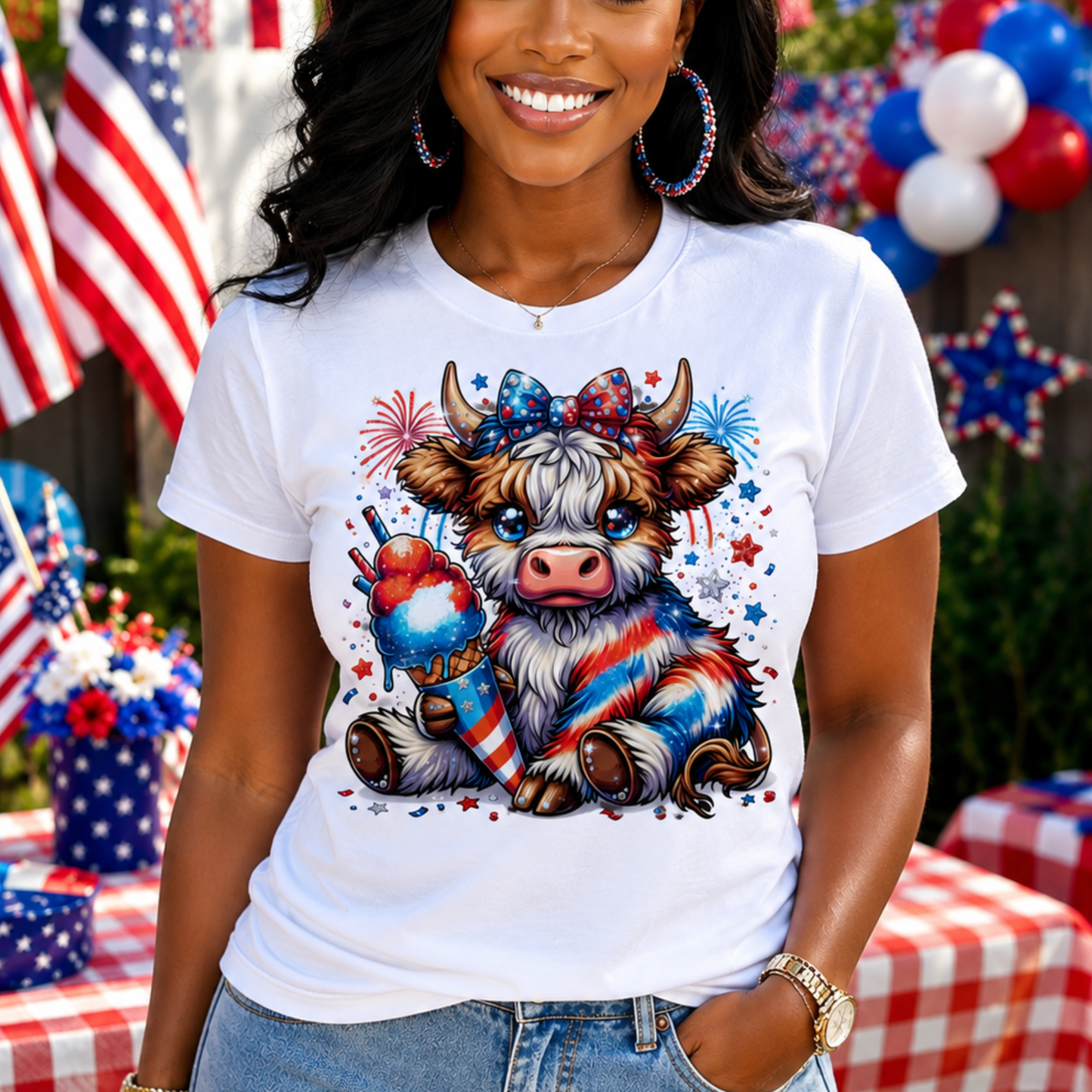 Patriotic Cow Graphic T-Shirt — Fourth of July Red White Blue Farm Animal Tee