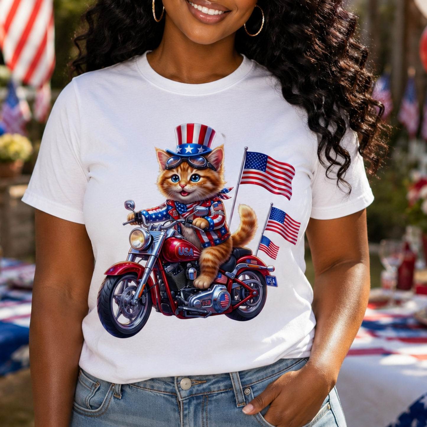 Patriotic Biker Cat T-Shirt — USA Flag Motorcycle Graphic Tee