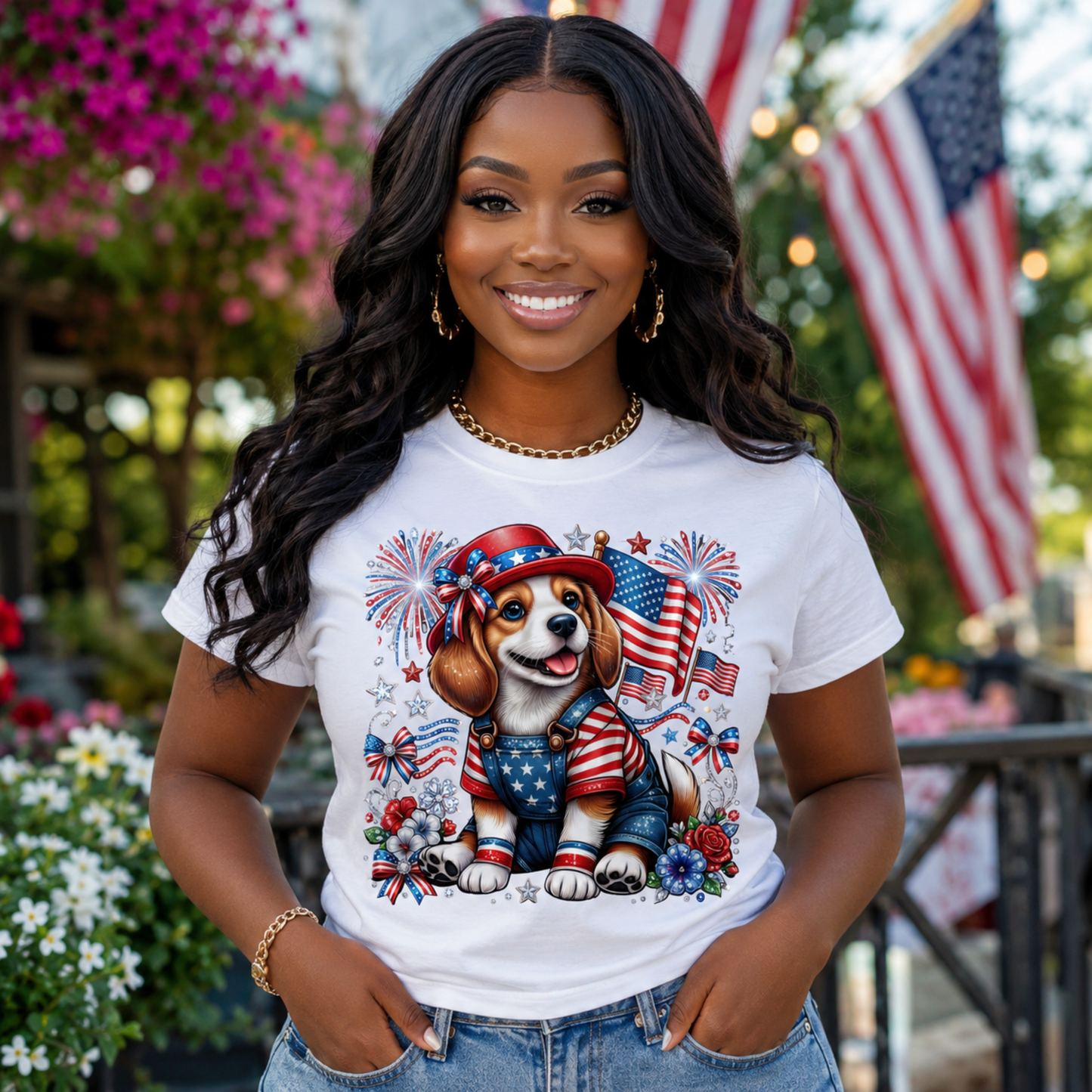 Patriotic Beagle T-Shirt — American Flag, Fireworks & Stars 4th of July Tee