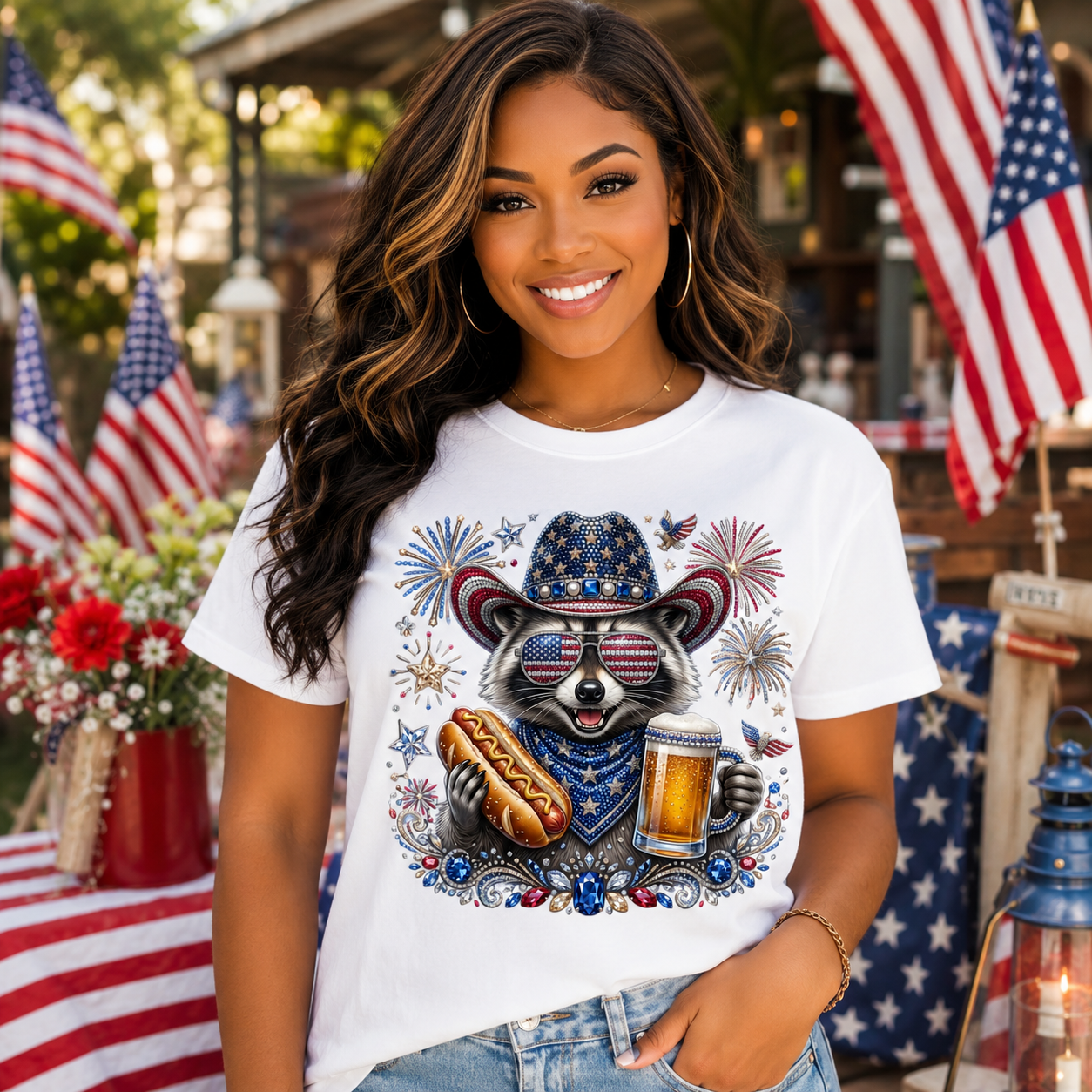 Raccoon Patriotic T-Shirt — USA Flag Hat & Sunglasses Fourth of July Tee
