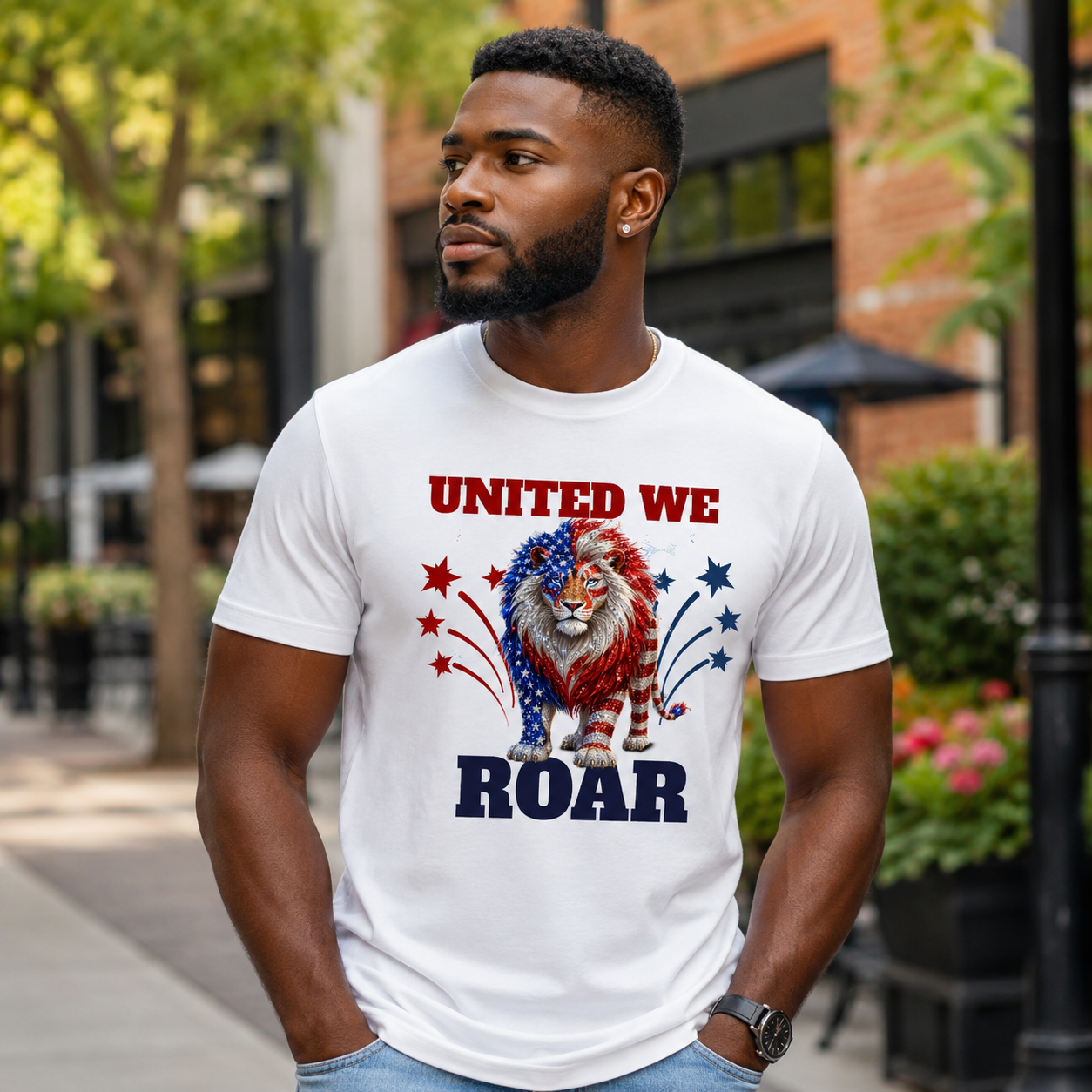 United We Roar T-Shirt — Patriotic American Lion Tee
