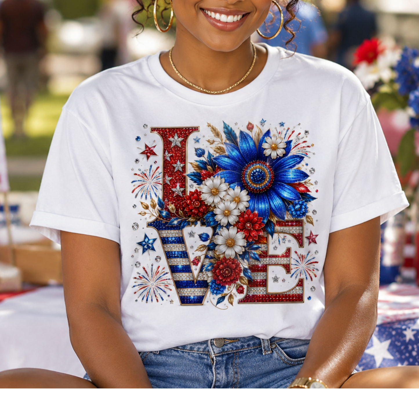 Patriotic 'LOVE' Floral T-Shirt — Red, White & Blue Sunflower Design