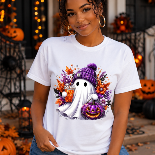 Ghost with Beanie Halloween T-Shirt – Cute Cozy Ghost Holding Pumpkin & Drink