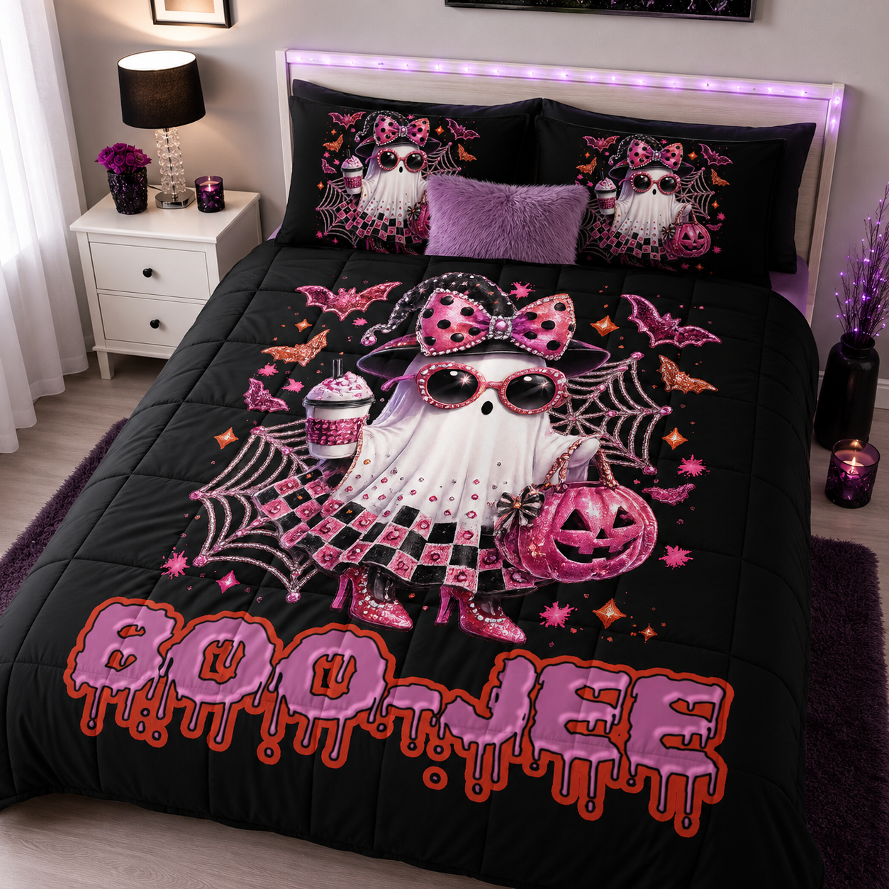 Boo-Jee Glam Comforter — Cute Pink Ghost Halloween Bedding