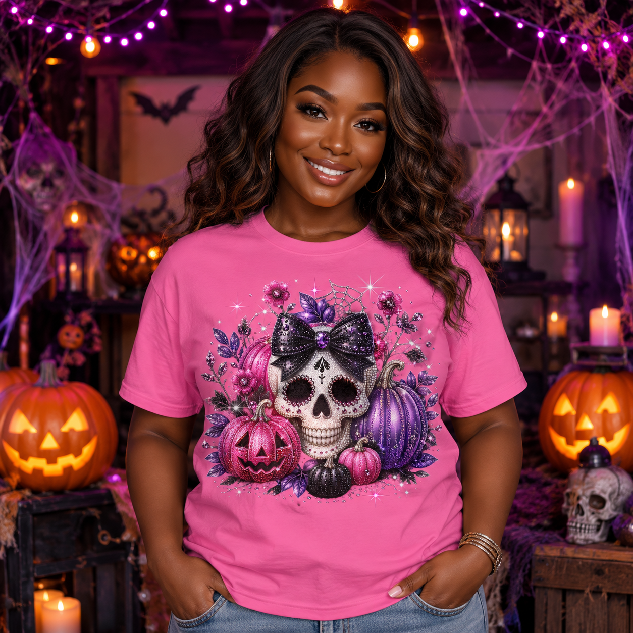 Sugar Skull Halloween T-Shirt — Pink & Purple Floral Skull with Pumpkins