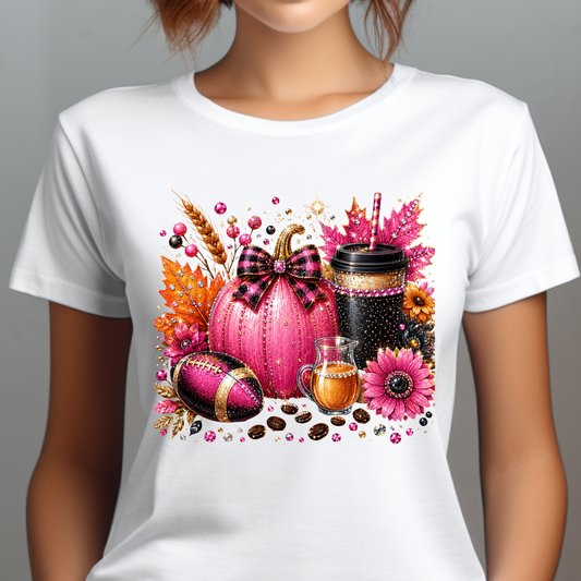 Fall Pink Pumpkin Coffee T-Shirt — Autumn Floral Pumpkin Design
