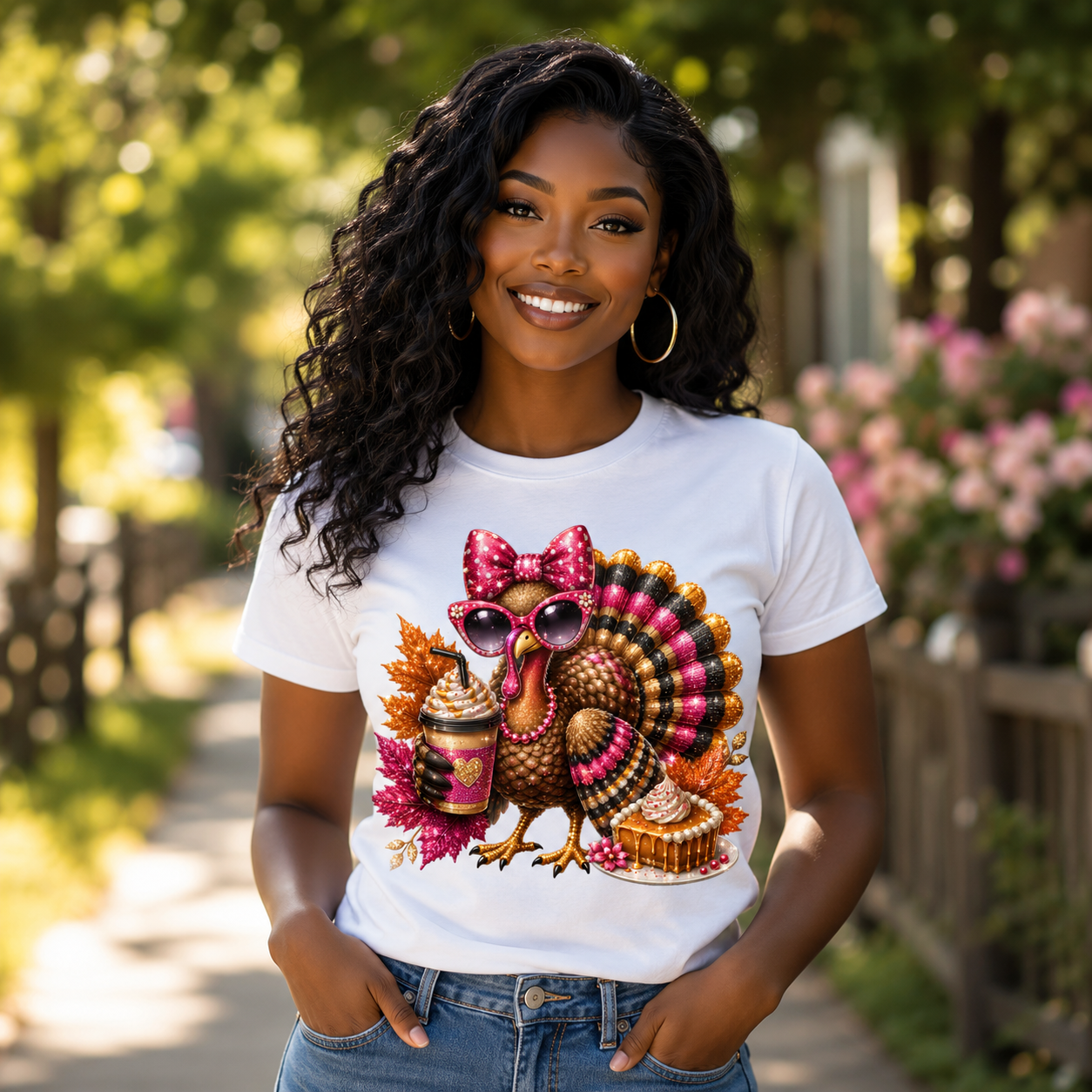 Cute Thanksgiving Turkey T-Shirt — Pink Bow, Sunglasses & Pumpkin Spice Design