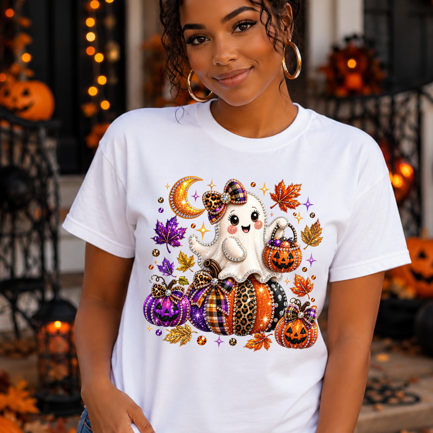Cute Halloween Ghost T-Shirt — Trick-or-Treat Pumpkin & Autumn Leaves Tee
