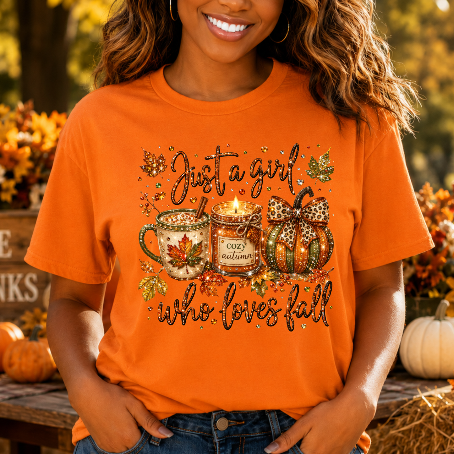 Just a Girl Who Loves Fall T-Shirt — Autumn Pumpkin & Cozy Mug Tee